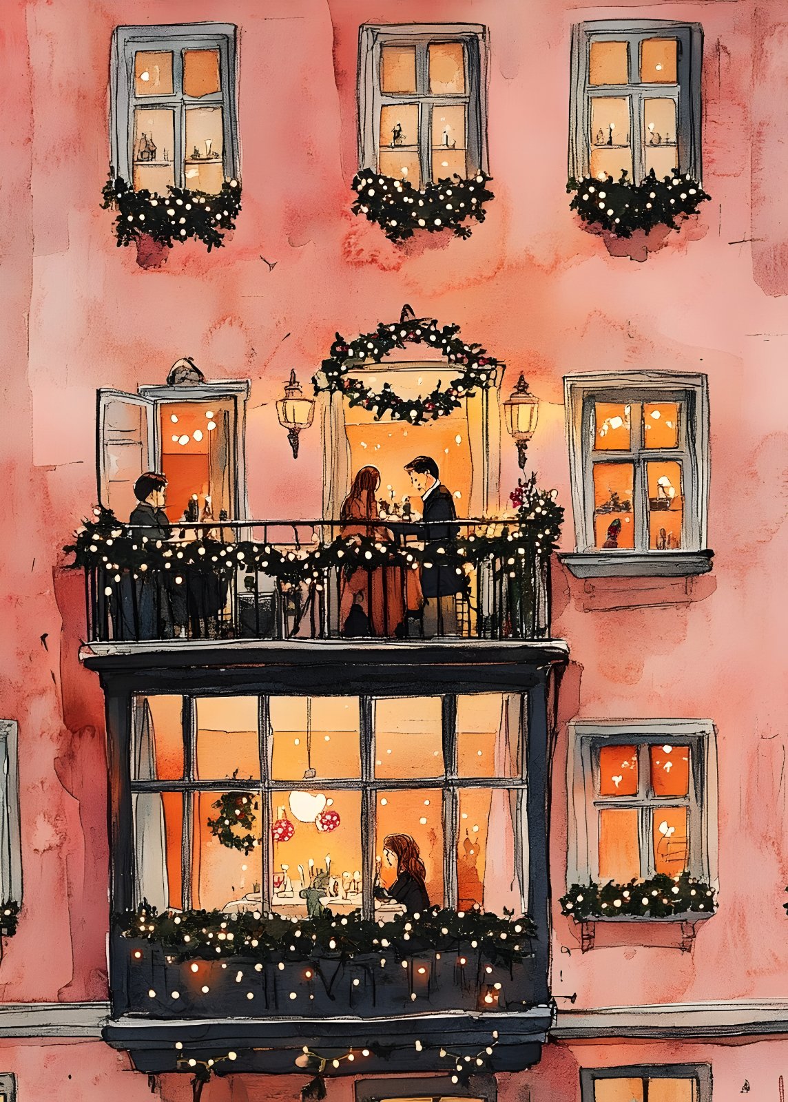 Romantic Balcony Dinner Watercolor Poster | Cozy European City Apartment Print | Festive Holiday Home Decor — Poster