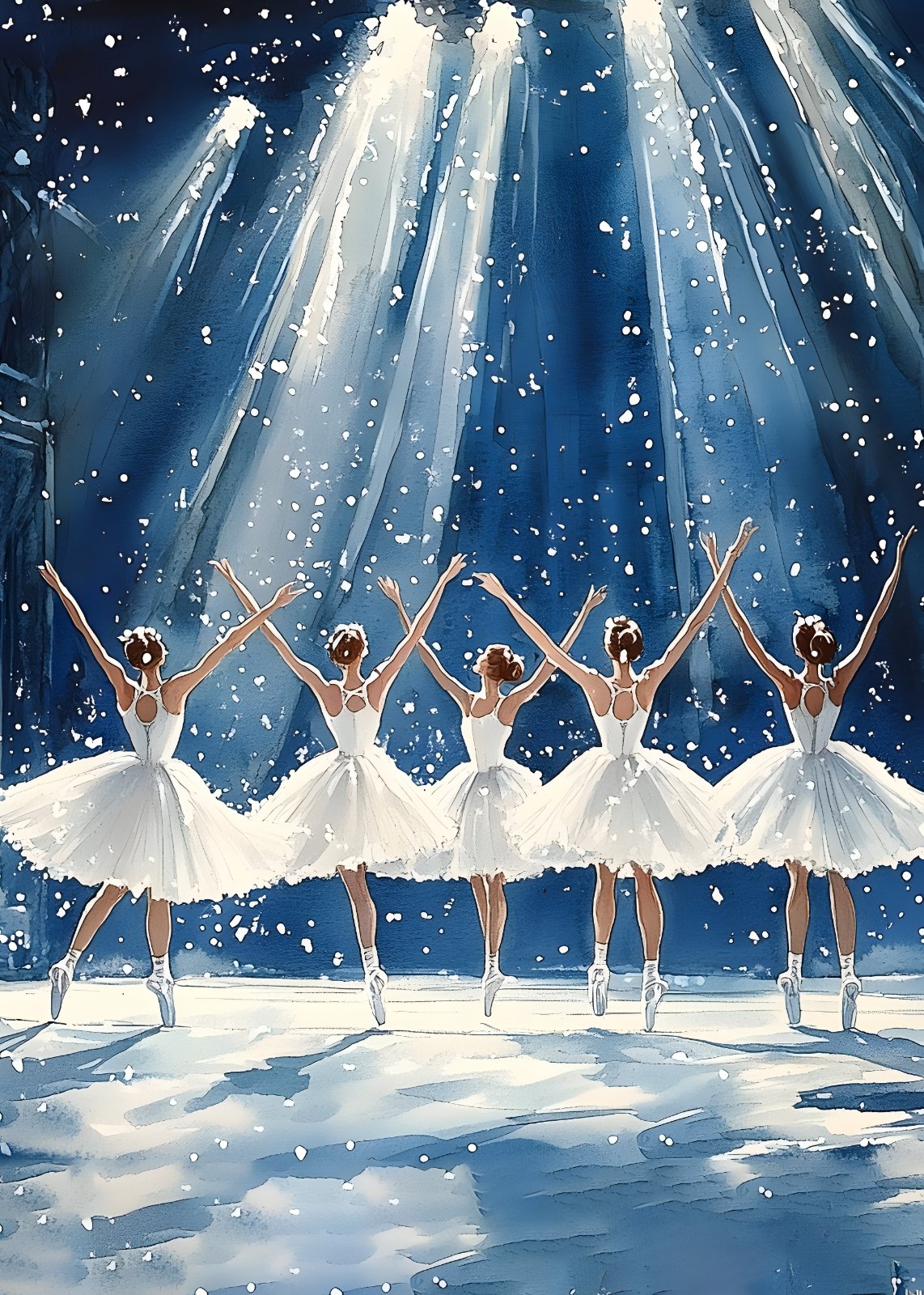 Ballerina Watercolor Poster - Five Dancers in the Spotlight Poster, Winter Ballet Decor — Poster