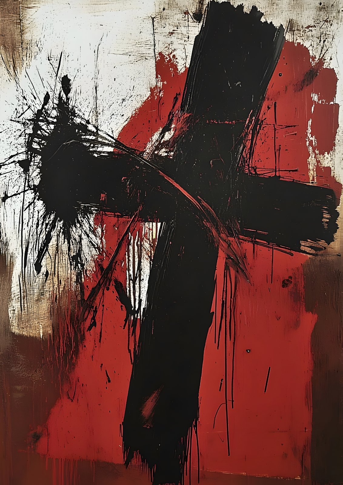 Abstract Black Cross Poster - Bold Red & White Industrial Expressionist Painting Print — Poster
