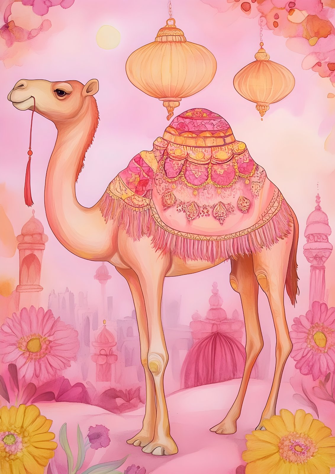 Bohemian Pink Camel Poster – Desert Chic Watercolor Illustration Printable, Middle Eastern Decor for Nursery and Living Room — Poster
