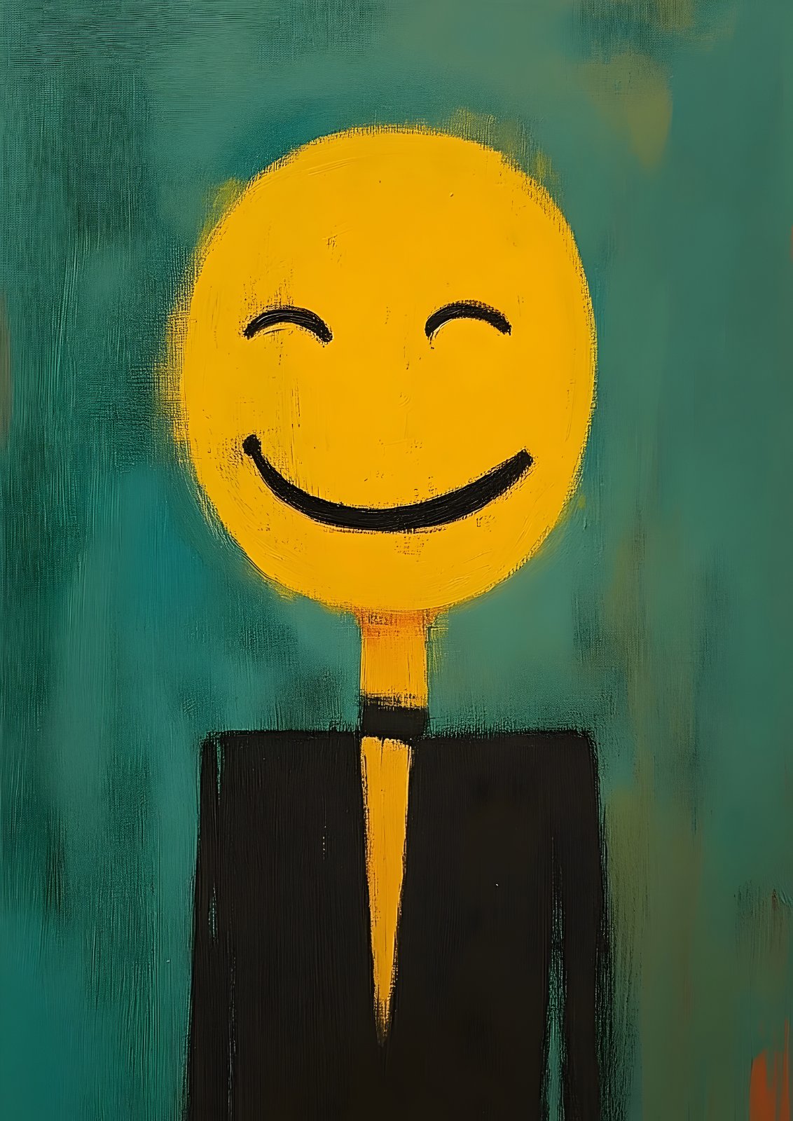 Minimalist Smiley Face Poster, Modern Abstract Portrait Poster, Quirky Yellow and Teal Painting, Contemporary Pop Art Poster — Poster