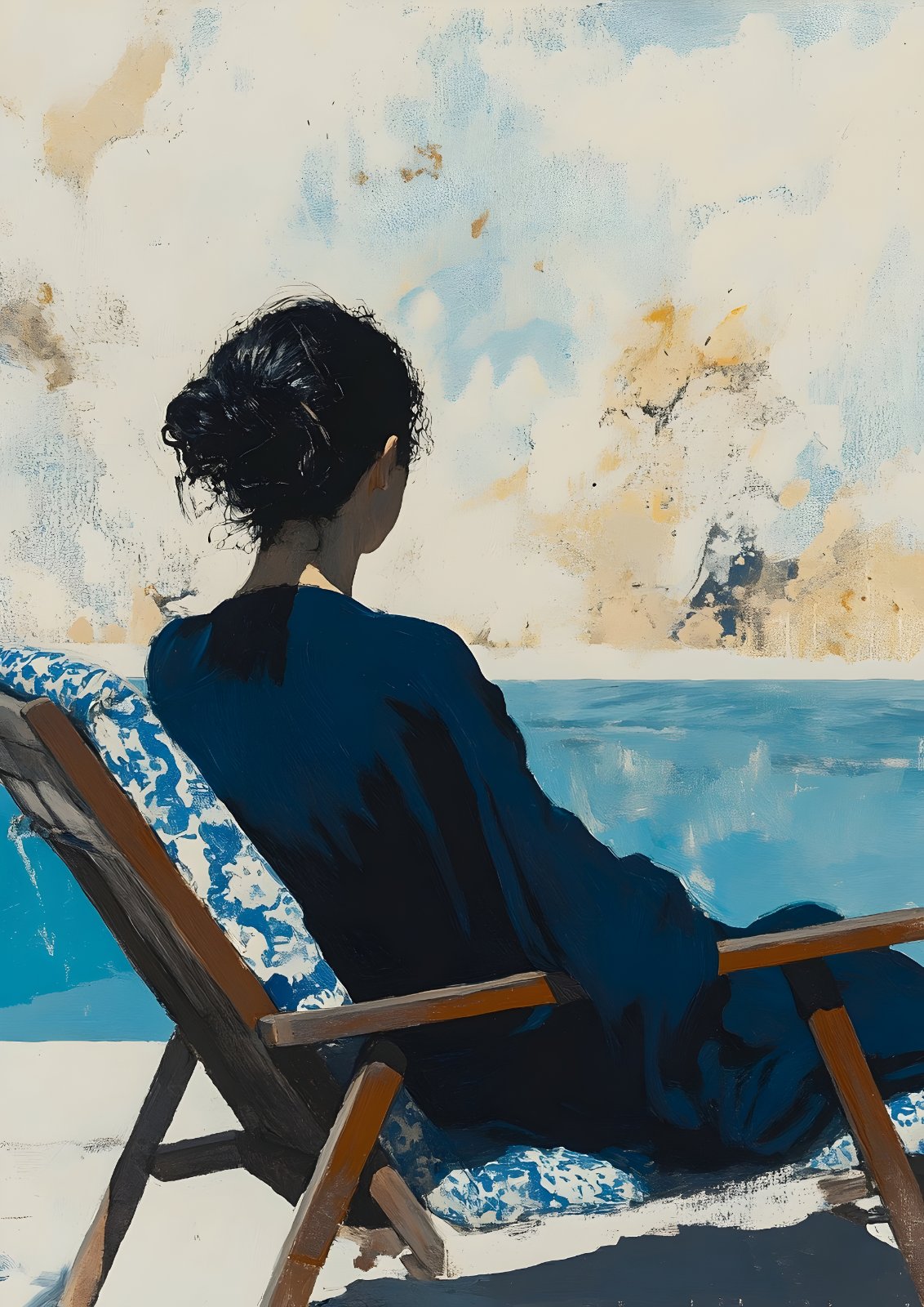 Minimalist Mediterranean Ocean View Poster | Serene Woman in Blue Dress Lounging by Pool Painting Print | Coastal Summer Home Decor — Poster