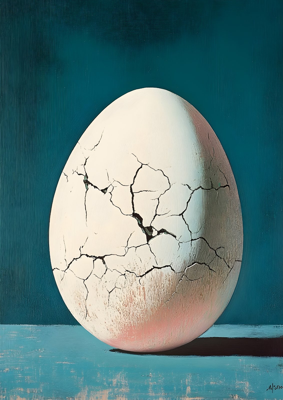 Surrealist Cracked Egg Poster – Modern Teal and Blue Minimalist Oil Painting Print for Contemporary Home Decor — Poster