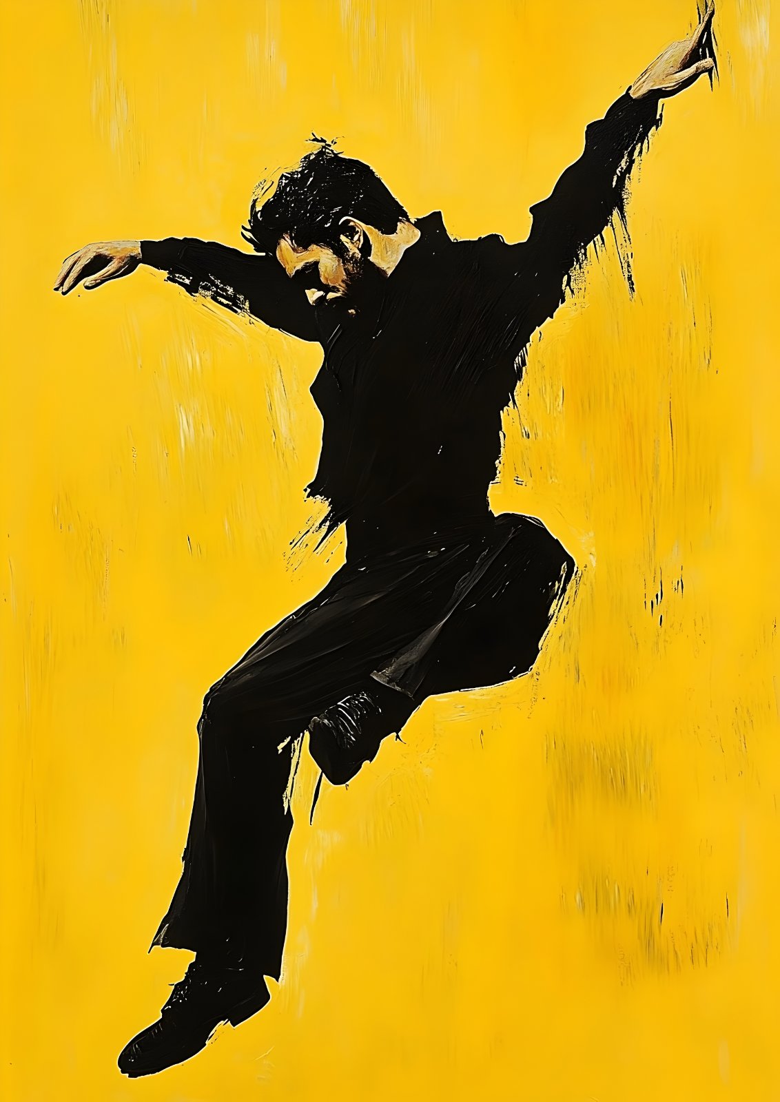 Dynamic Male Dancer Silhouette Poster - Abstract Poster Painting on Yellow Background - Modern Expressionist Dance Print for Living Room Decor — Poster