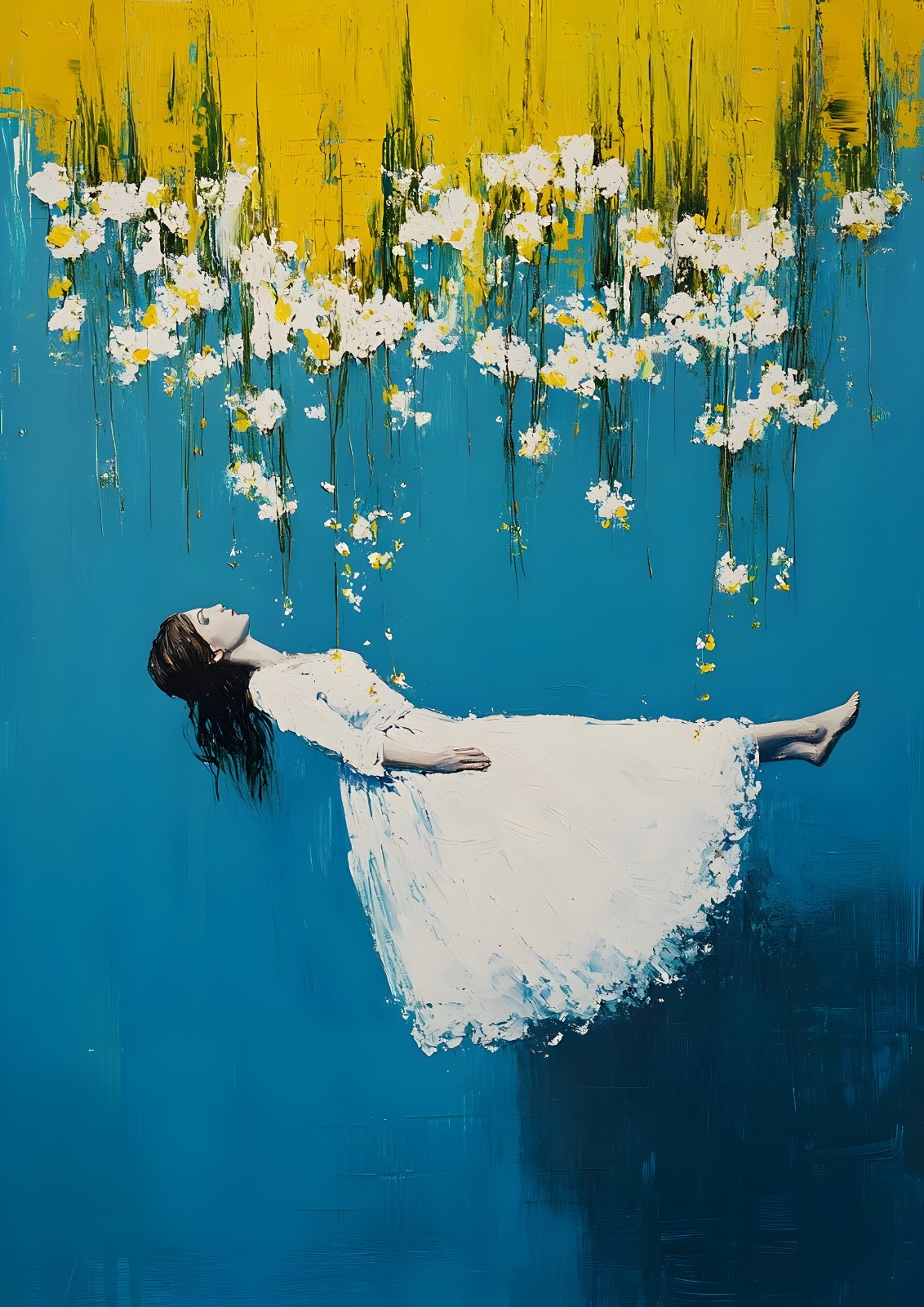 Surreal Floating Woman Poster - Modern Blue and Yellow Impressionist Painting, Romantic Female Figure Fine Art Print for Bedroom & Living Room Decor — Poster