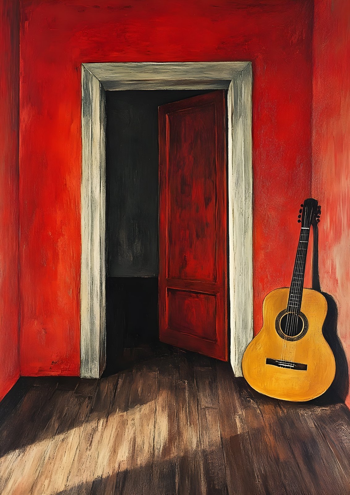 Rustic Red Room with Acoustic Guitar Poster - Moody Open Door Poster — Poster
