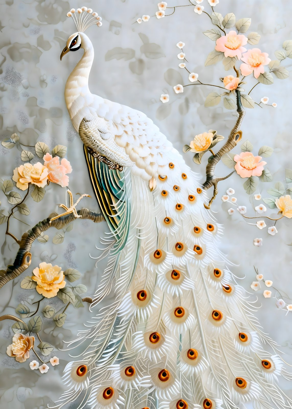 Elegant White Peacock Poster - Luxury Chinoiserie Floral Painting Print for Living Room, Traditional Asian Style Home Decor — Poster