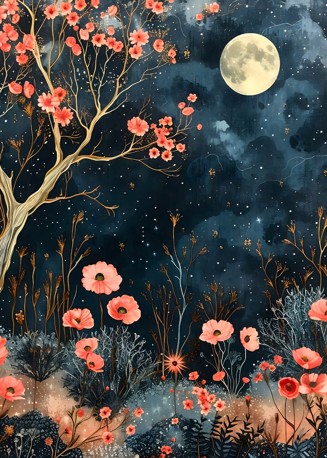 Celestial Night Garden Poster – Moonlit Cherry Blossom & Pink Floral Poster — Poster