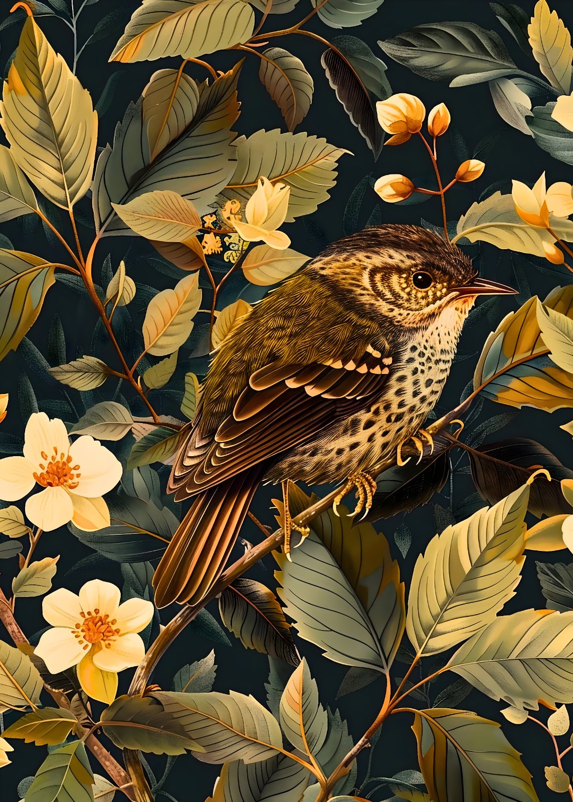 Vintage Bird and Botanical Poster - Antique Style Sparrow Poster - Muted Nature Decor — Poster
