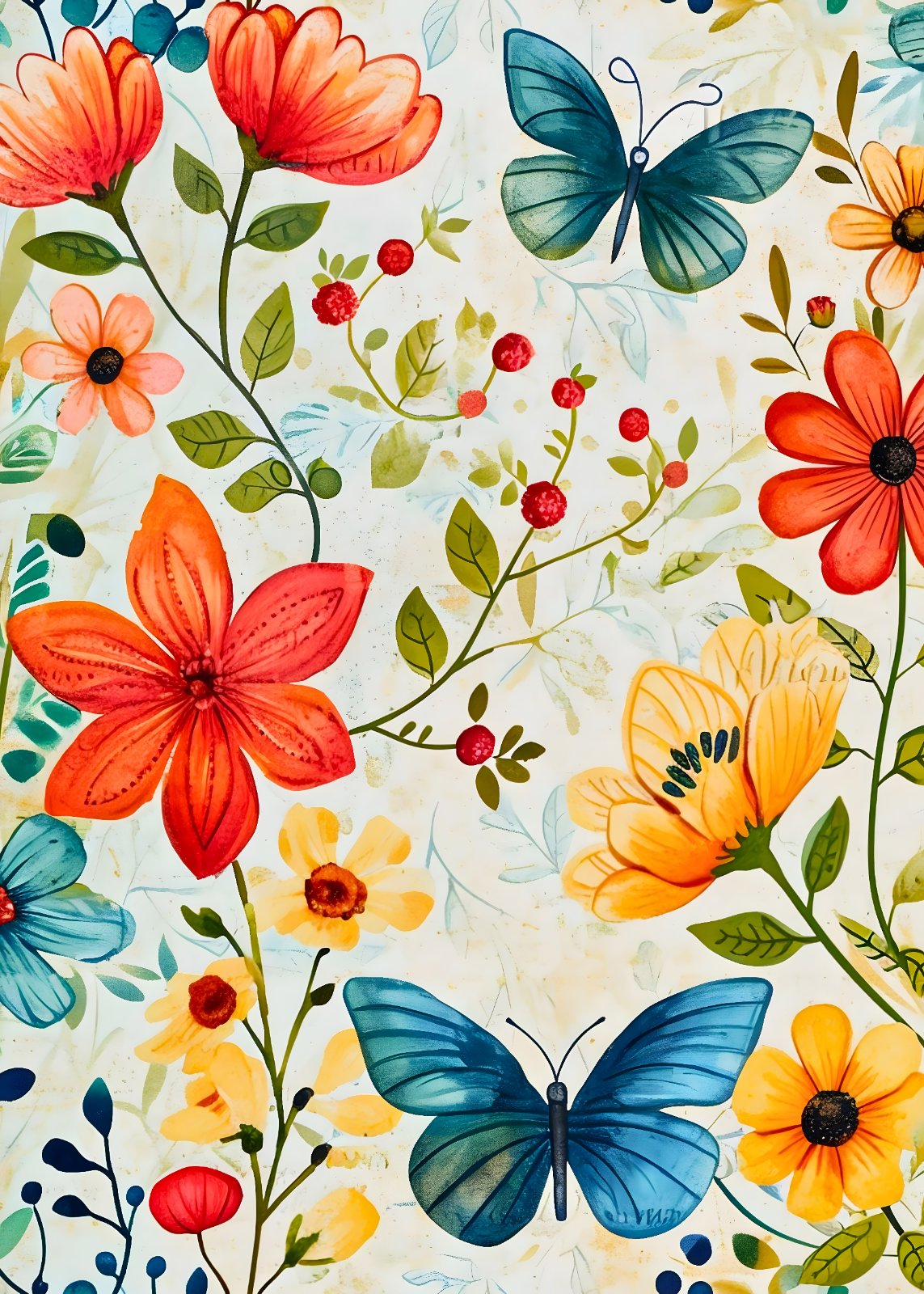 Watercolor Floral and Butterfly Poster - Vibrant Orange and Yellow Flower Poster, Whimsical Nature Botanical Poster for Living Room Decor — Poster