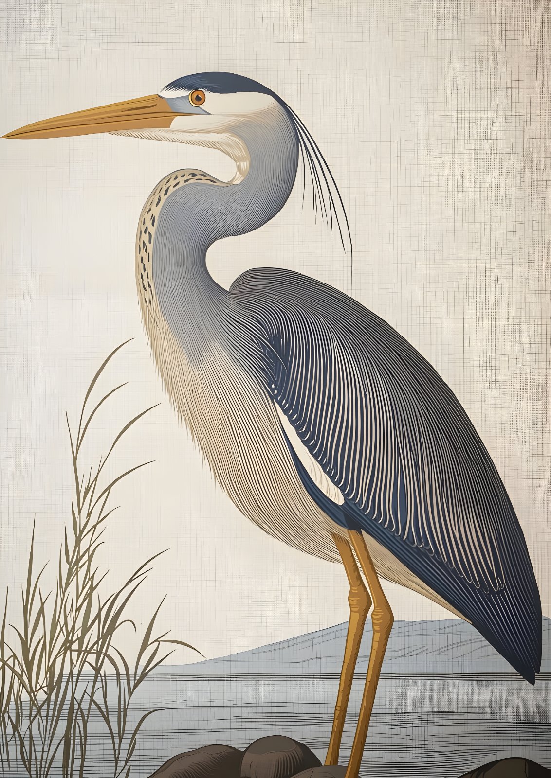 Great Blue Heron Vintage Poster – Japandi Style Bird Poster, Ukiyo-e Inspired Coastal Decor, Minimalist Reed Illustration Poster — Poster