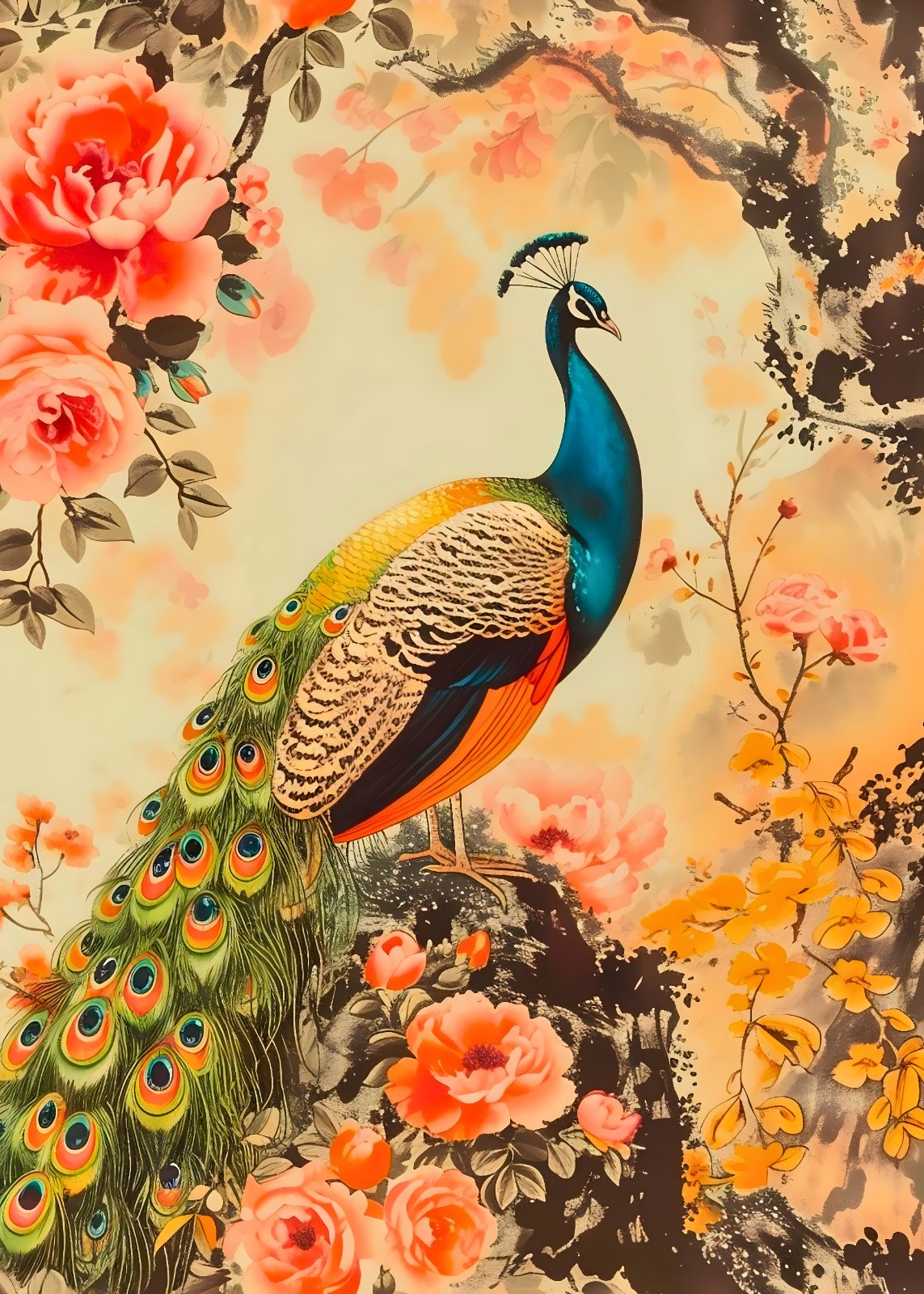 Traditional Japanese Style Peacock Poster - Elegant Floral & Bird Print — Poster