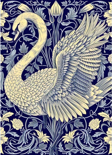 William Morris Inspired Swan Poster - Vintage Art Nouveau Bird Art Print, Elegant Botanical Navy Blue Floral Poster, Maximalist Home Decor — Poster