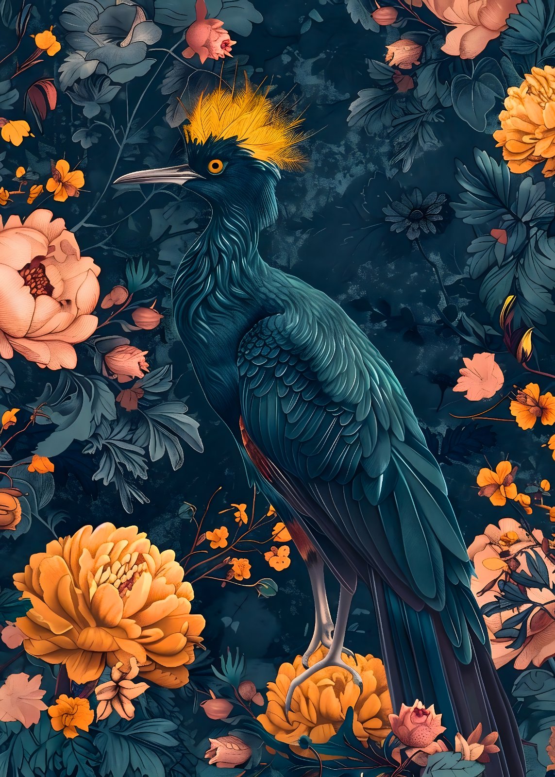 Modern Botanical Poster - Teal Bird and Golden Crest in Floral Garden Print — Poster