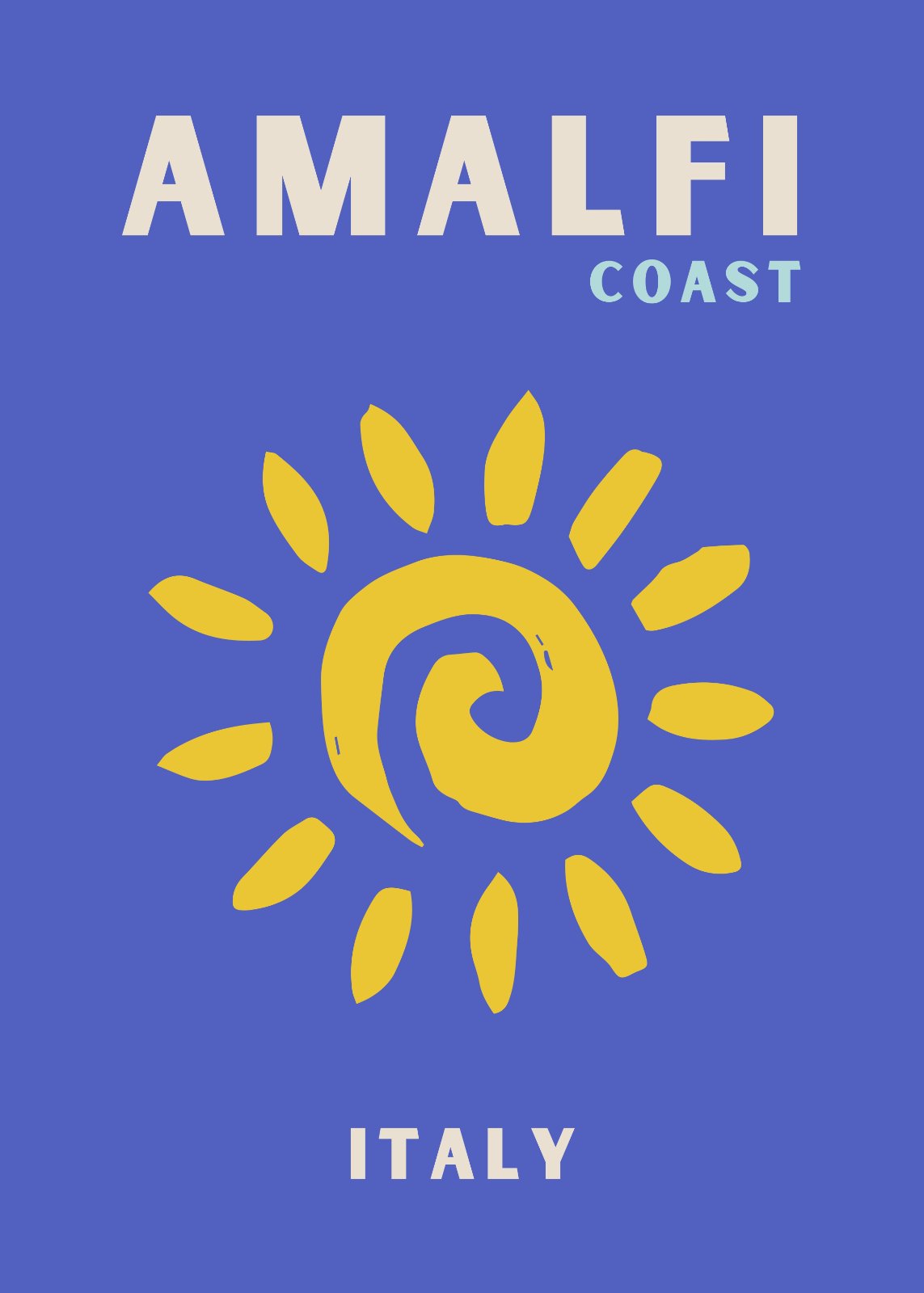 Minimalist Amalfi Coast Italy Poster | Vibrant Yellow Sun Travel Poster | Modern Mediterranean Home Decor — Poster