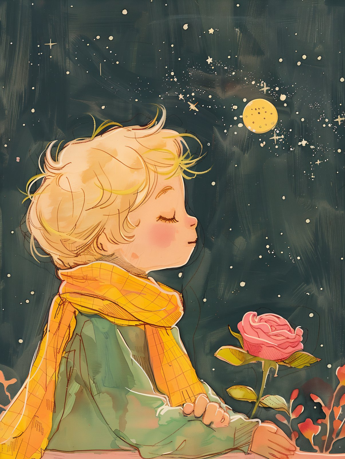 The Little Prince Inspired Poster | Whimsical Boy and Rose Poster | Nursery & Kids Room Decor | Cute Anime Watercolor Illustration Poster — Poster
