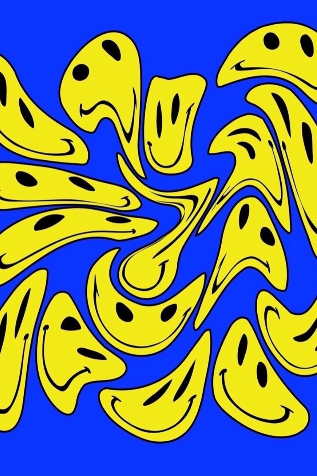 Trippy Smiley Face Poster - Retro Melted Smiley Face Poster, Psychedelic Yellow and Blue Poster, Y2K Aesthetic Room Decor, Trendy Preppy Wall Decor — Poster