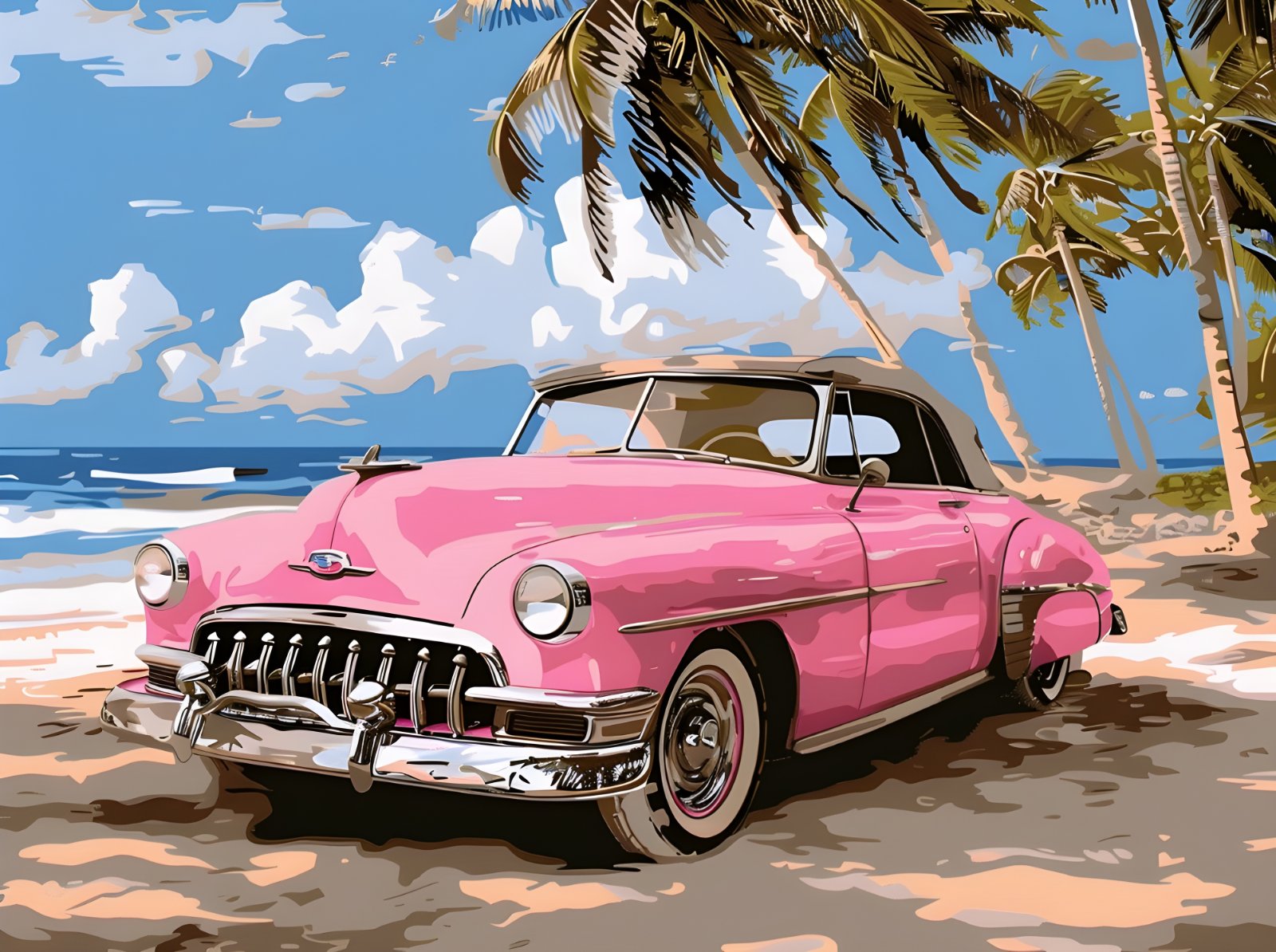 Retro Pink Vintage Car Beach Poster - Tropical Palm Trees & Coastal Art Print Poster — Poster