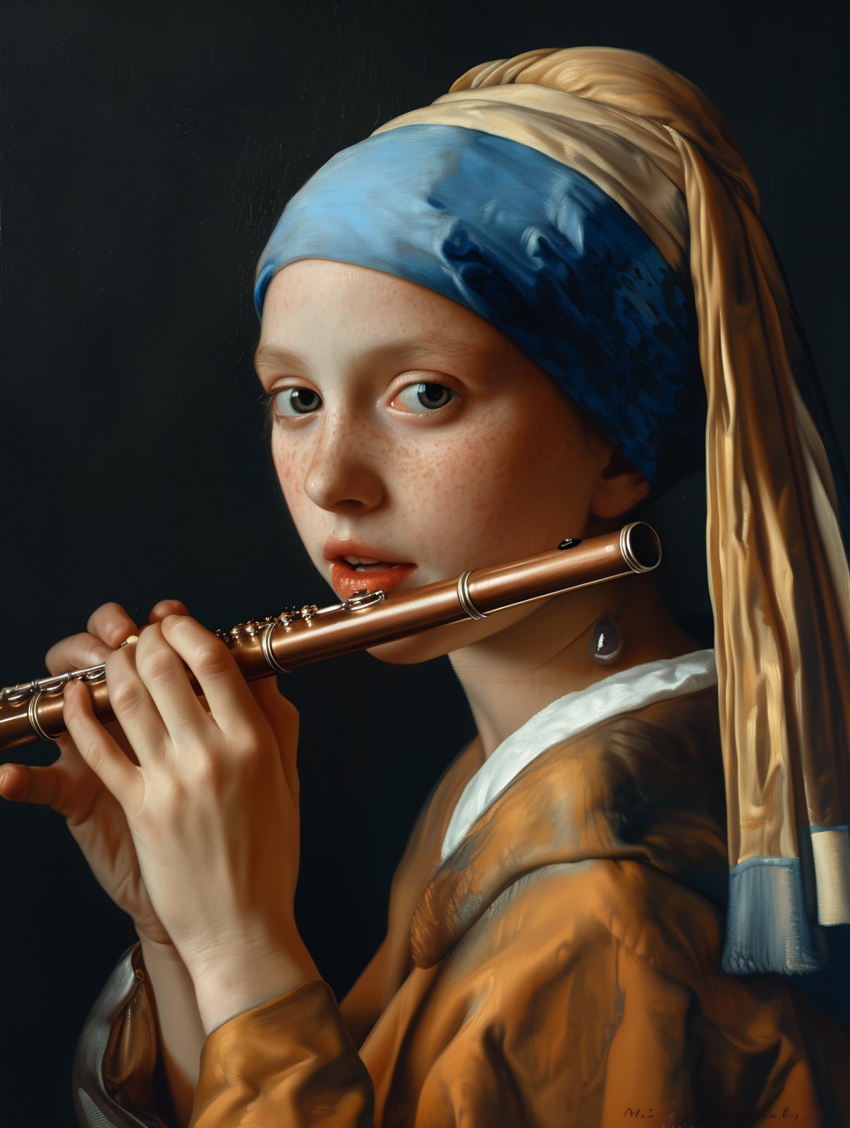 Girl with a Pearl Earring Playing Flute Poster – Classical Baroque Parody Print — Poster