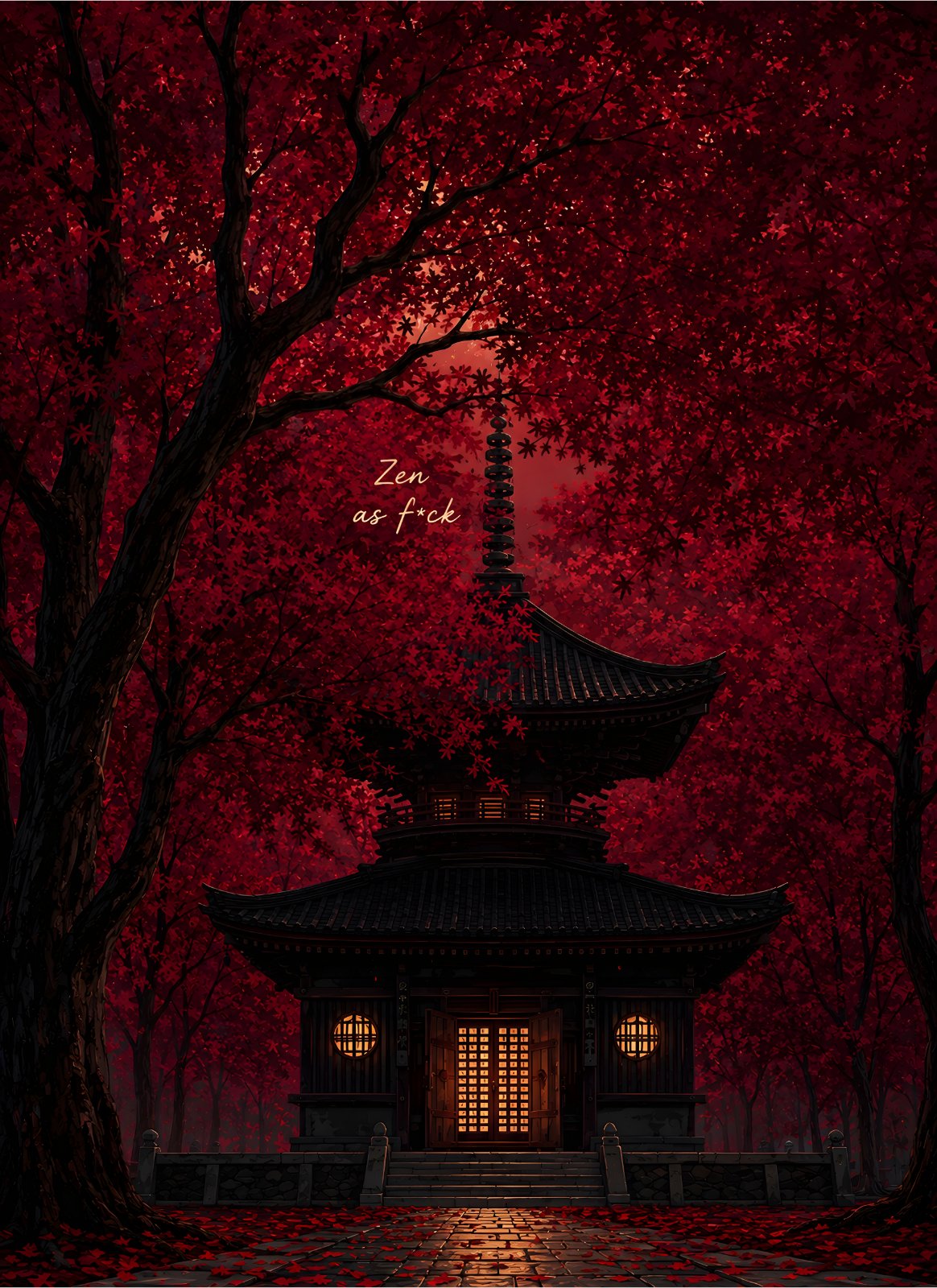 Japanese Pagoda Poster - Red Maple Tree Autumn Forest Poster - Zen Buddhist Temple Landscape Poster - Dark Moody Asian Decor — Poster