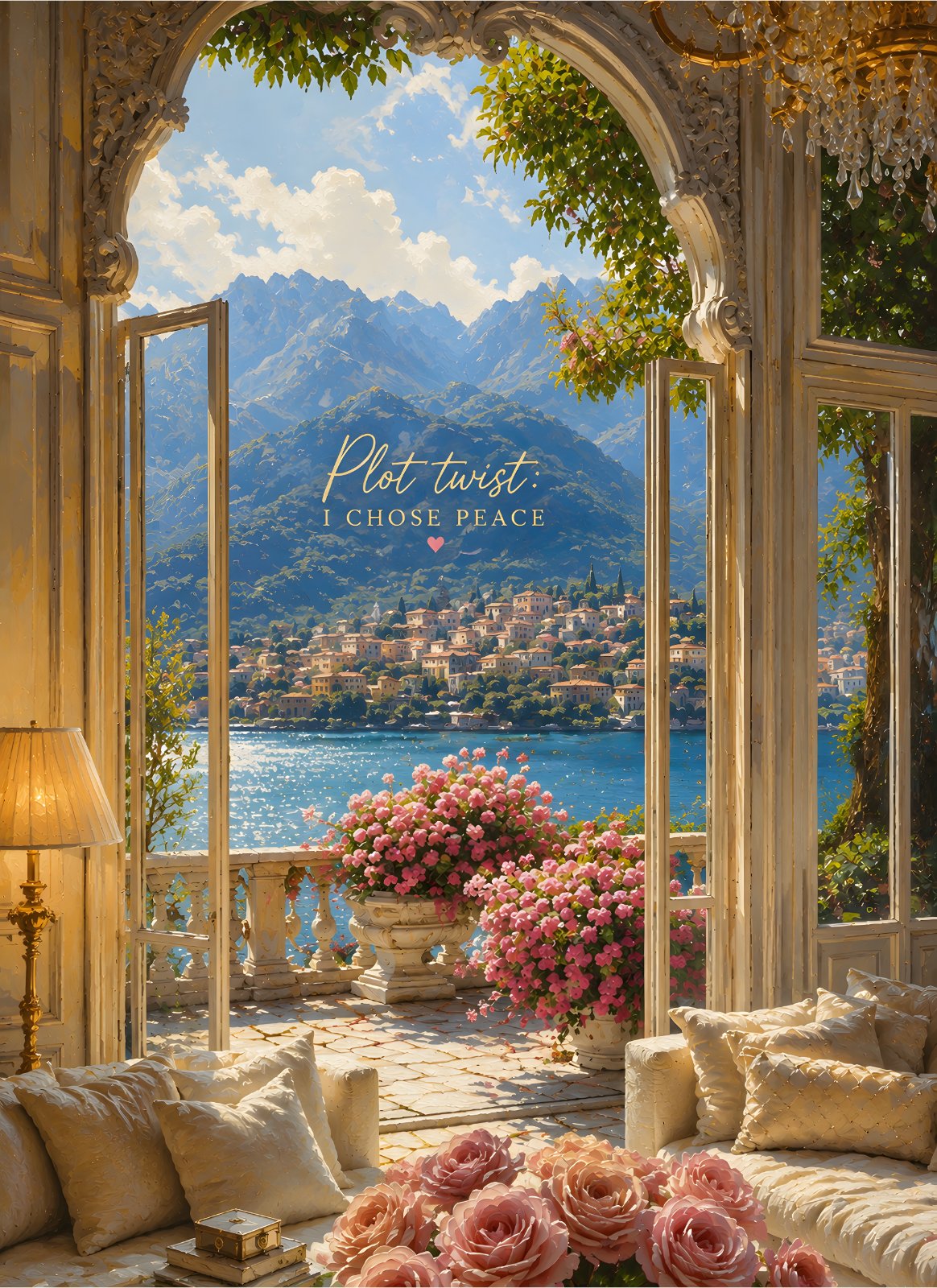 Plot Twist I Chose Peace" Coastal Balcony Poster – Serene Mountain & Lake Landscape Poster — Poster