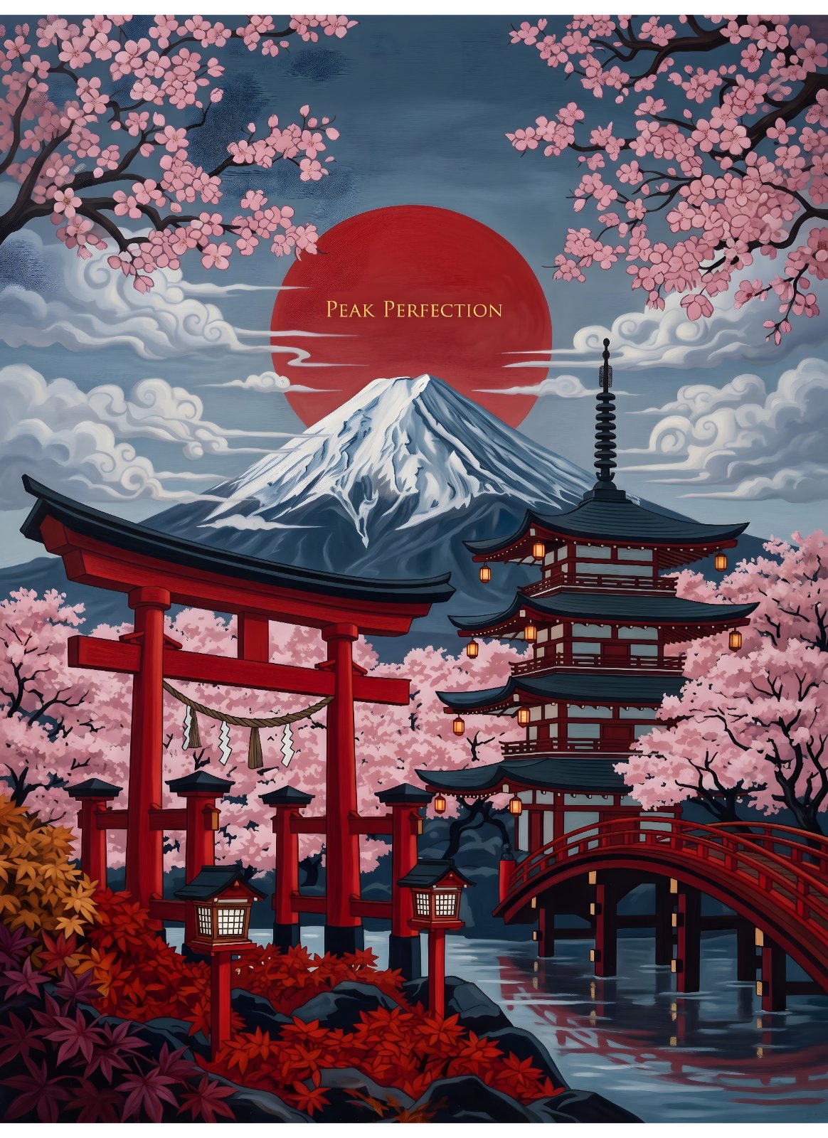 Mount Fuji Japanese Poster - Traditional Pagoda, Torii Gate & Cherry Blossom Poster - Peak Perfection Landscape Poster — Poster