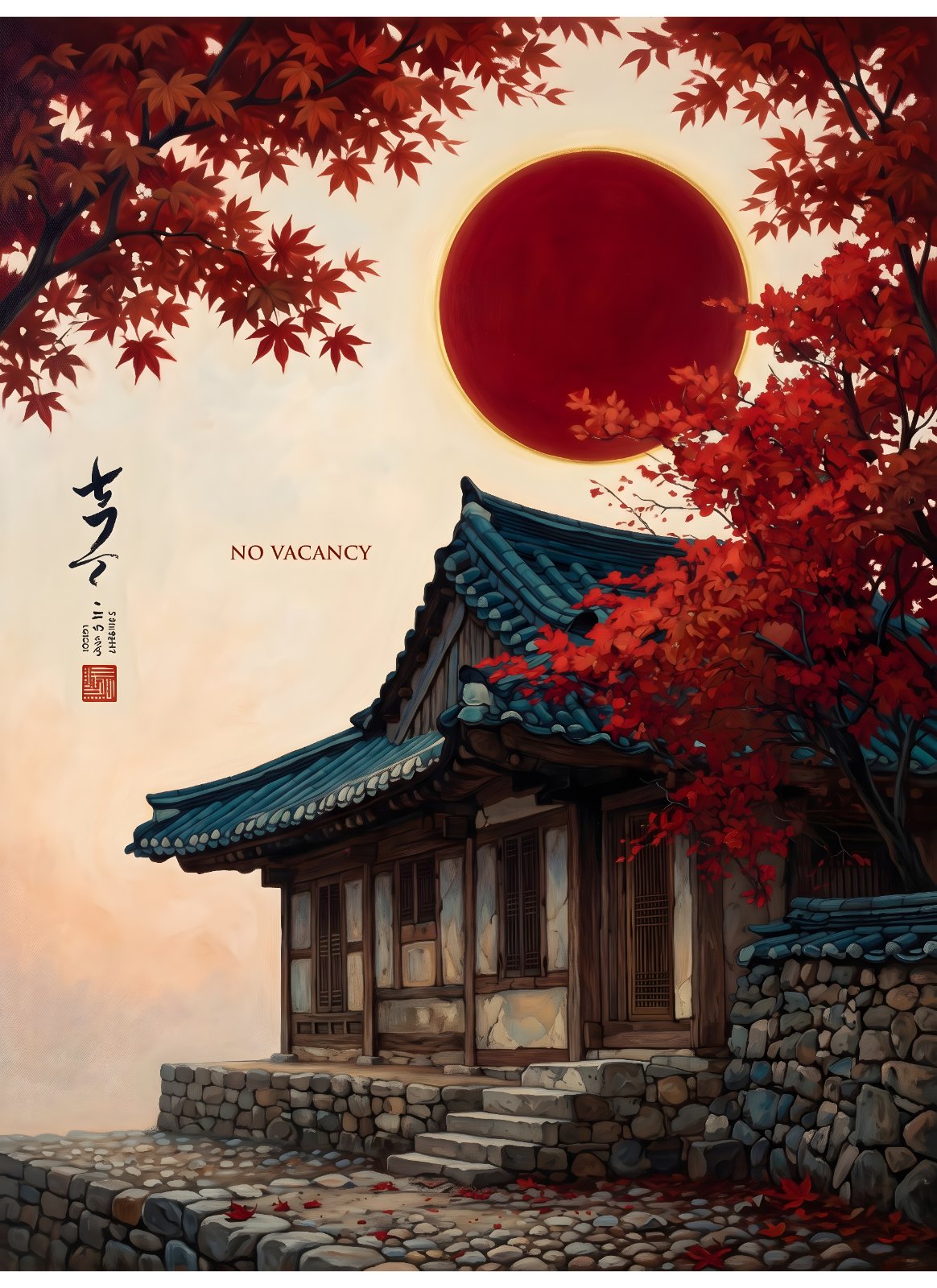 Japanese Autumn Landscape Poster - Traditional House with Vibrant Red Maple Leaves & Sun Print — Poster