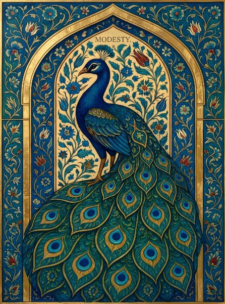  Blue Peacock Poster - Elegant Persian Style Floral Arch Poster, Majestic Bird Artwork with Gold Accents for Living Room Decor — Poster