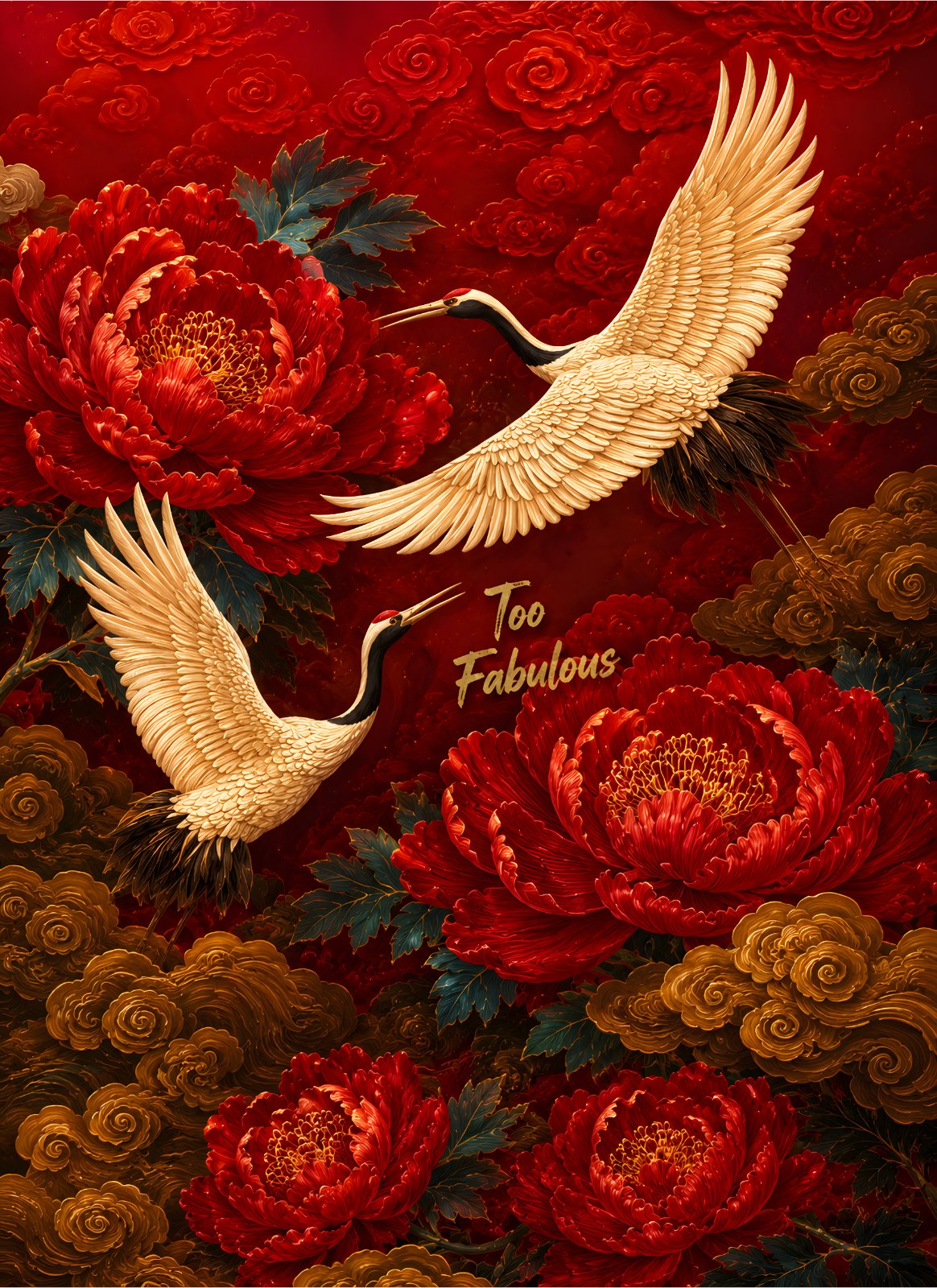 Traditional Chinese Crane and Peony Poster - Elegant Asian Floral Poster, Vintage Oriental Home Decor with Golden Clouds — Poster