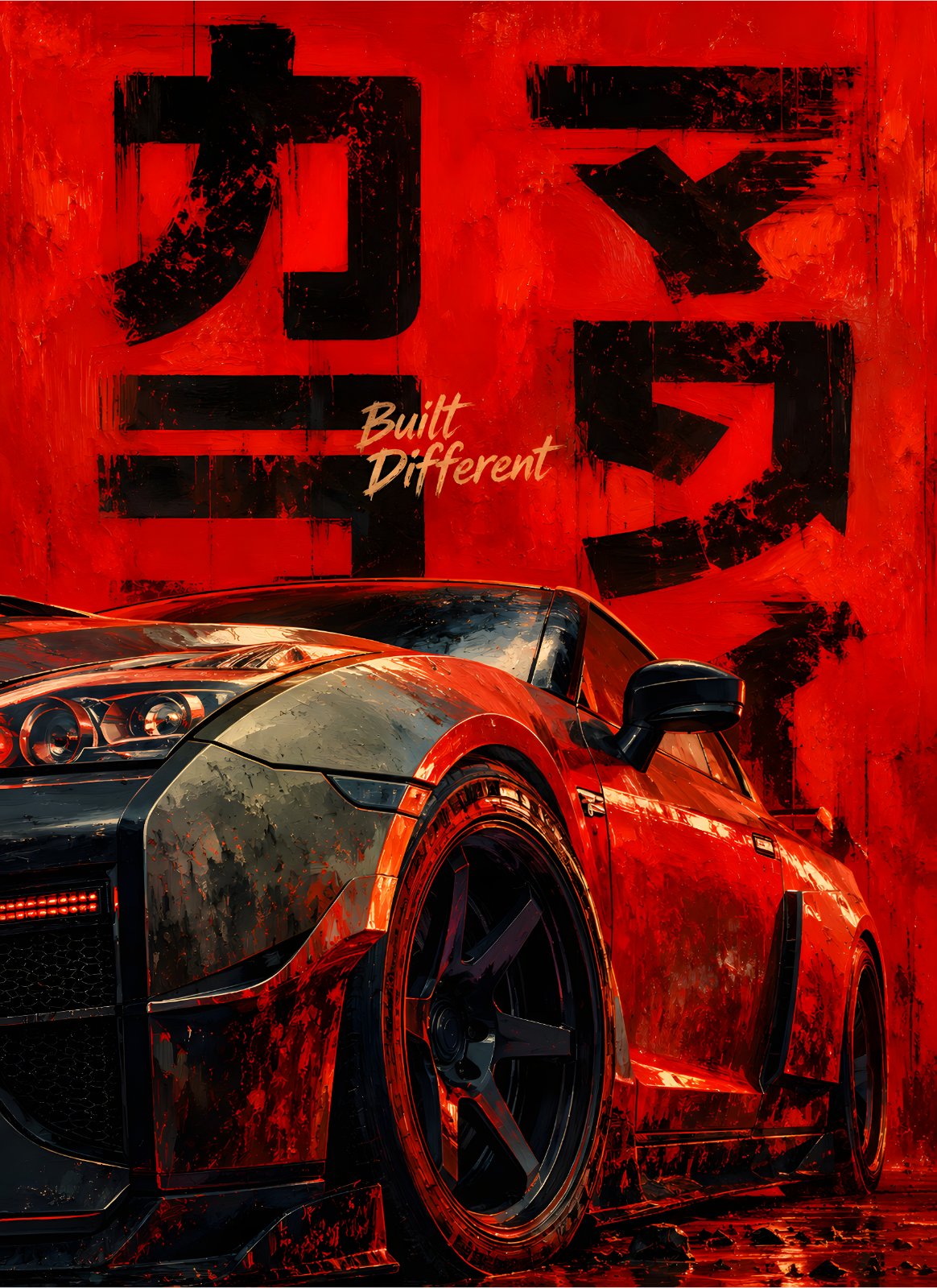 JDM Sports Car Poster - "Built Different" Japanese Street Racing Poster - Modern Red & Black Automotive Print for Garage, Man Cave & Living Room — Poster