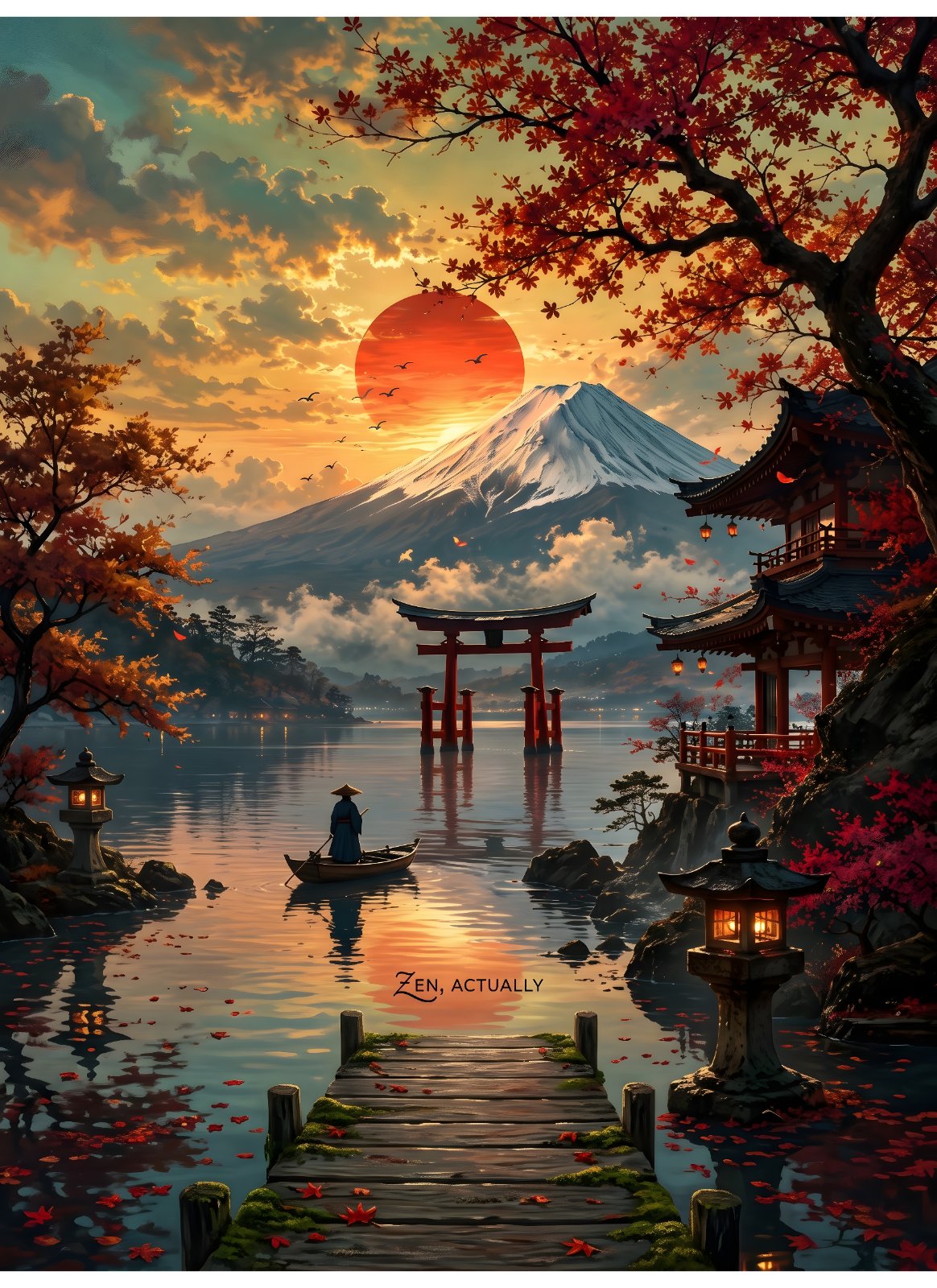 Zen, Actually Japanese Landscape Poster – Mount Fuji, Torii Gate, & Autumn Maple Poster — Poster