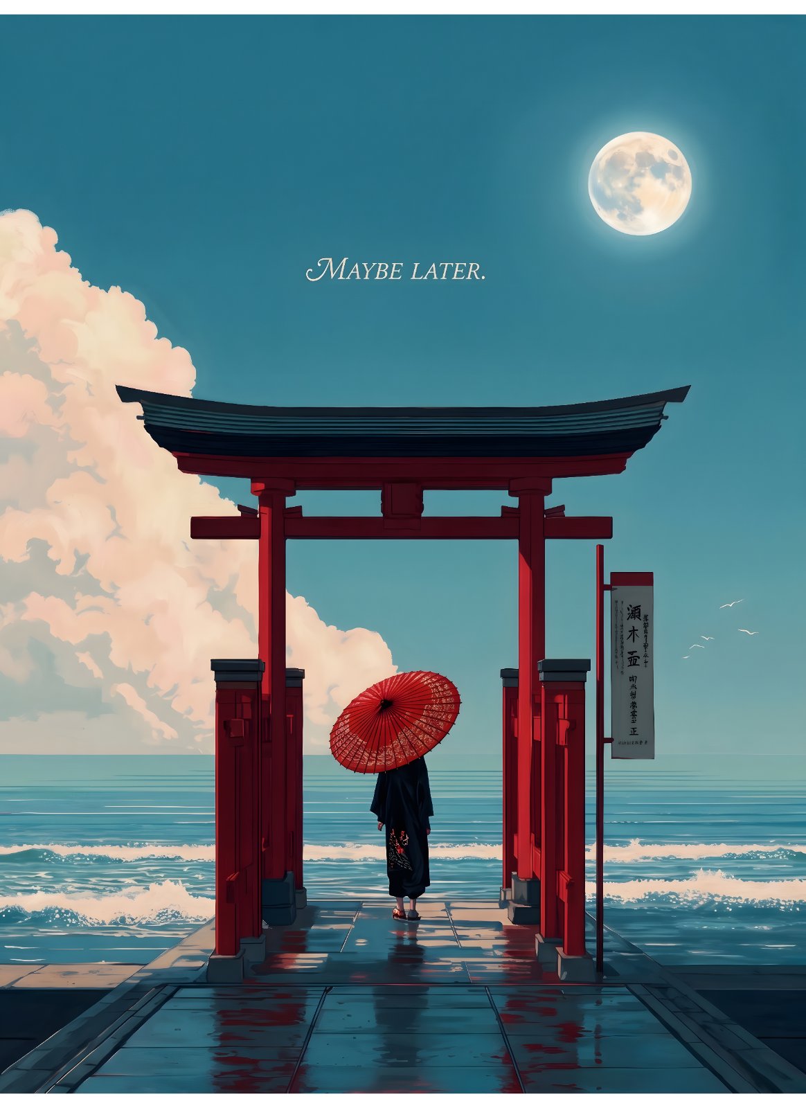  Japanese Torii Gate Poster - Red Umbrella & Moon Ocean View Print, Traditional Kimono Art, Zen Home Decor Minimalist Poster — Poster