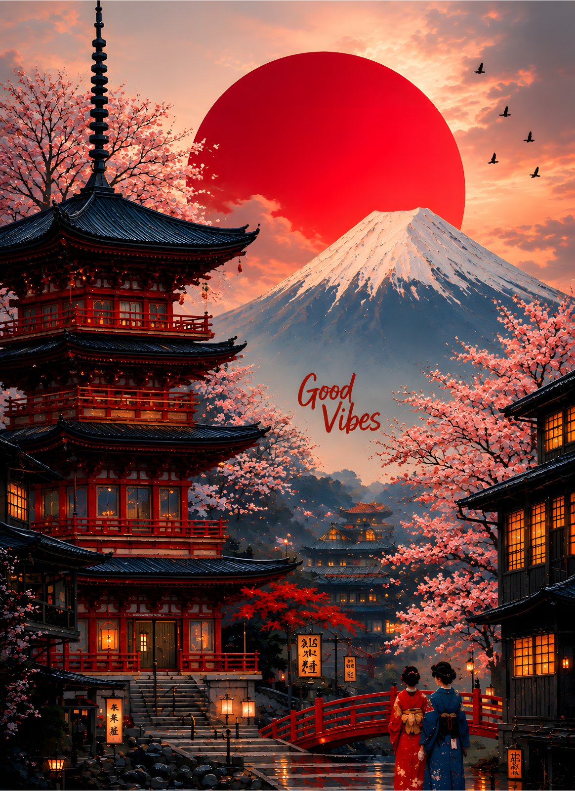 Japan Poster, Mount Fuji & Pagoda Poster Art, Cherry Blossom Japanese Landscape Poster, Traditional Asian Decor, Kyoto Street Art, Good Vibes Poster — Poster