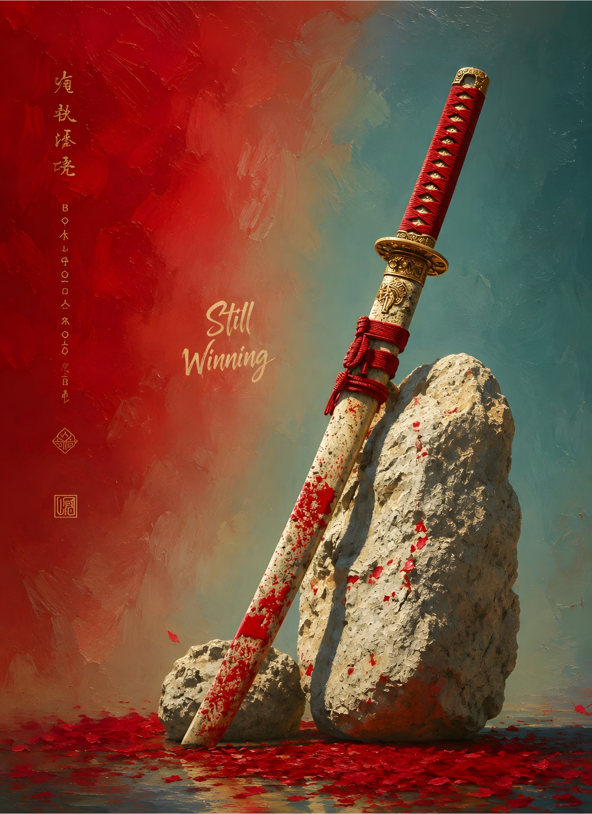 Samurai Katana Sword Poster - "Still Winning" Japanese Warrior Poster, Red and Teal Abstract Background, Asian Calligraphy Poster, Martial Arts Decor, Symbolic Strength Gift — Poster