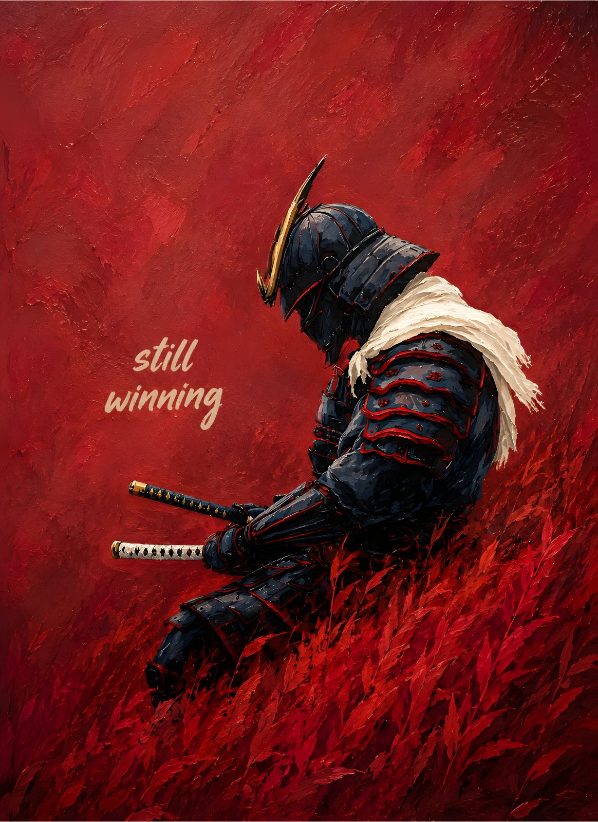 Japanese Samurai Warrior Poster - "Still Winning" Poster, Red and Black Armor Bushido Decor — Poster