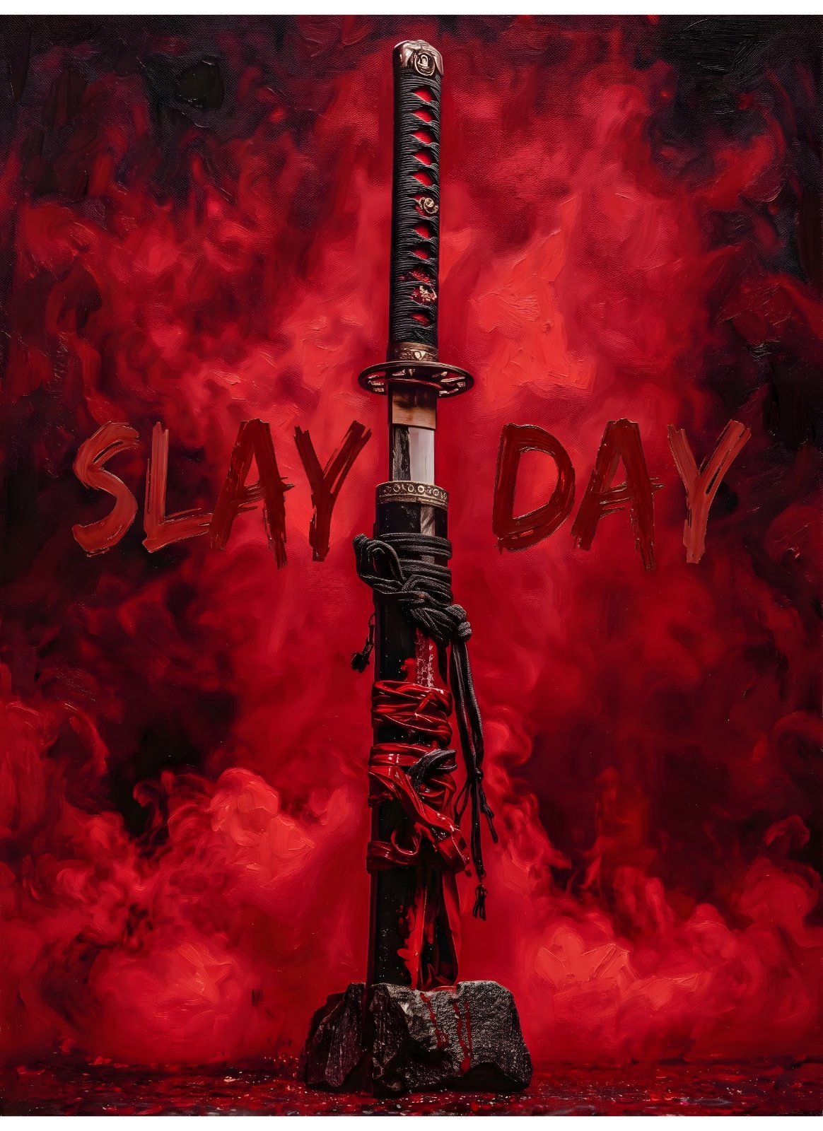 Japanese Katana Sword Poster - "Slay Day" Red Smoke Samurai Decor — Poster