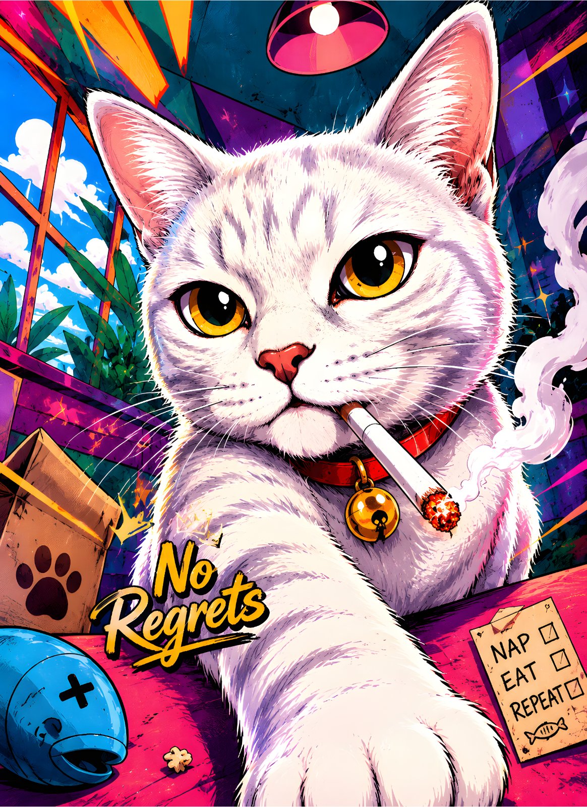 Funny Cat Poster - Vibrant Pop Art White Cat Poster for Cool Room Decor — Poster