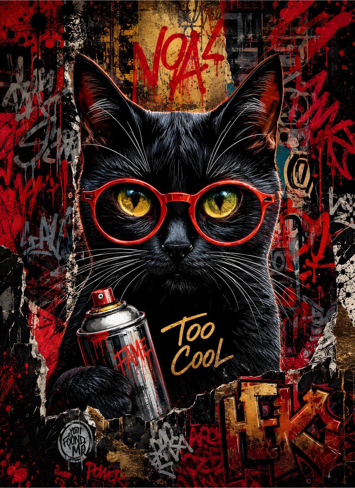Urban Graffiti Black Cat Poster - "Too Cool" Street Art Poster with Red Glasses — Poster