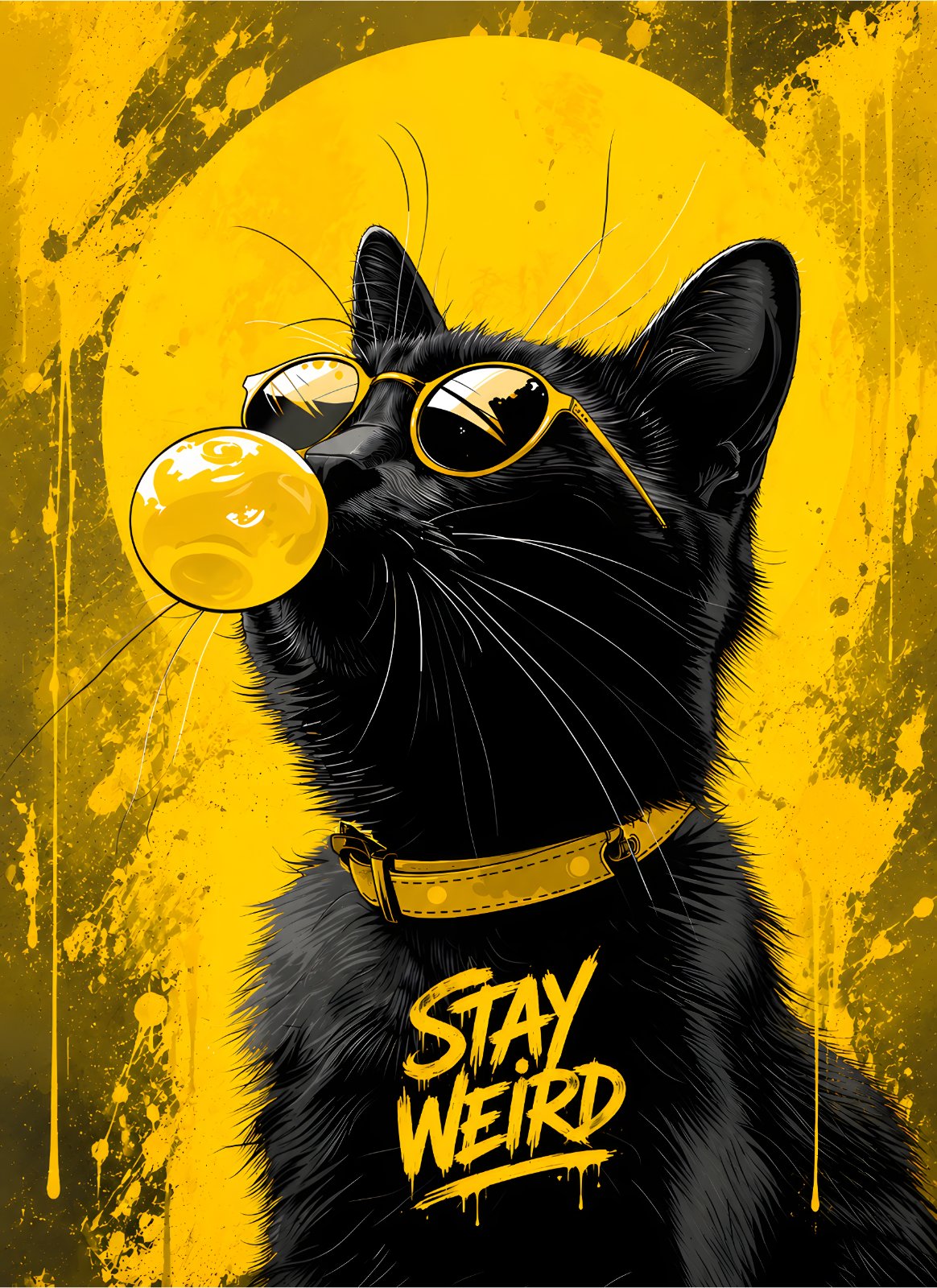 Stay Weird Black Cat Poster | Funny Cat Poster blowing Bubblegum | Cool Cat with Sunglasses Pop Art | Quirky Yellow Room Decor Poster — Poster