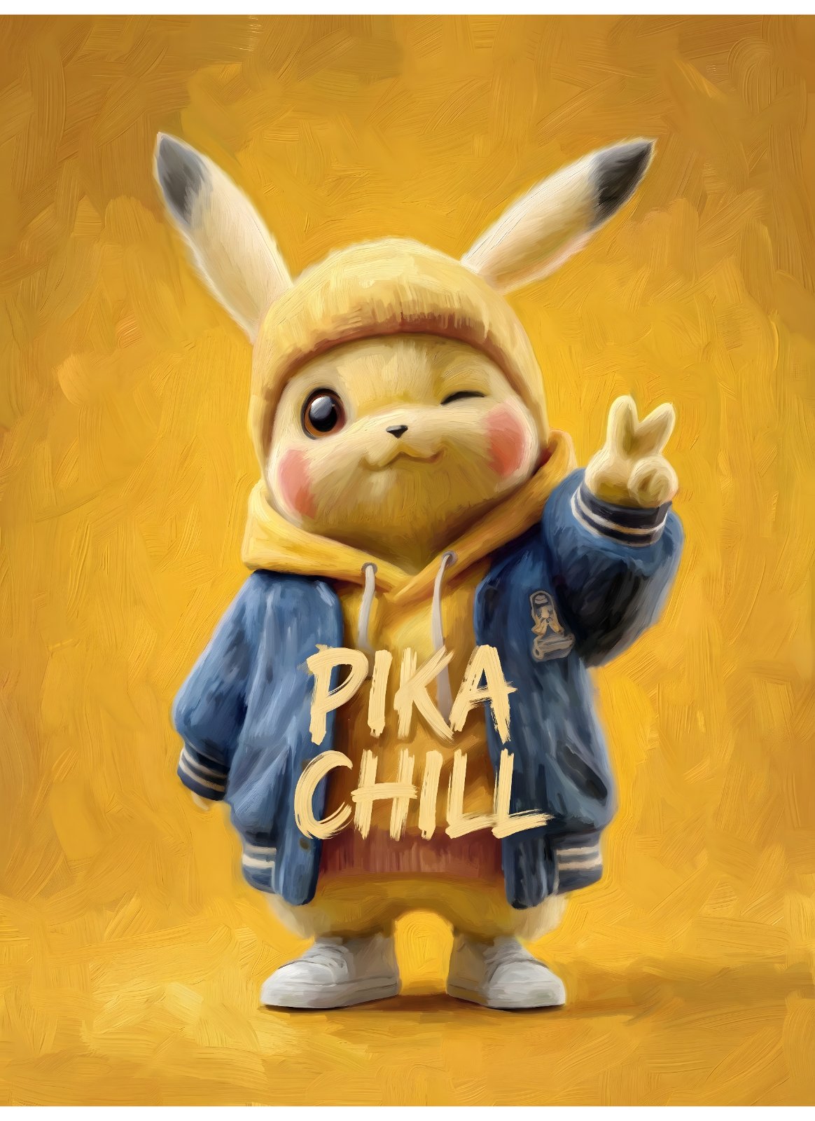 Cute Cartoon Mouse Canvas Wall Art - Cool Character in Blue Jacket & Beanie Poster - Modern Yellow Pop Art Print for Kids Room & Living Room Decor canvas print — Pikachu decor