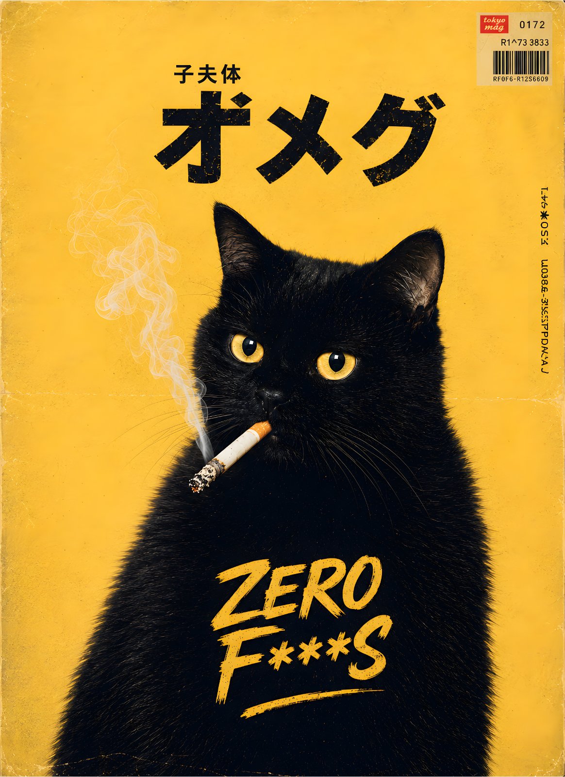 Retro Japanese Black Cat Poster - Edgy Anime Style Smoking Cat Poster, Bad Boy Cat Poster, Yellow Aesthetic Vintage Magazine Cover Art — Poster