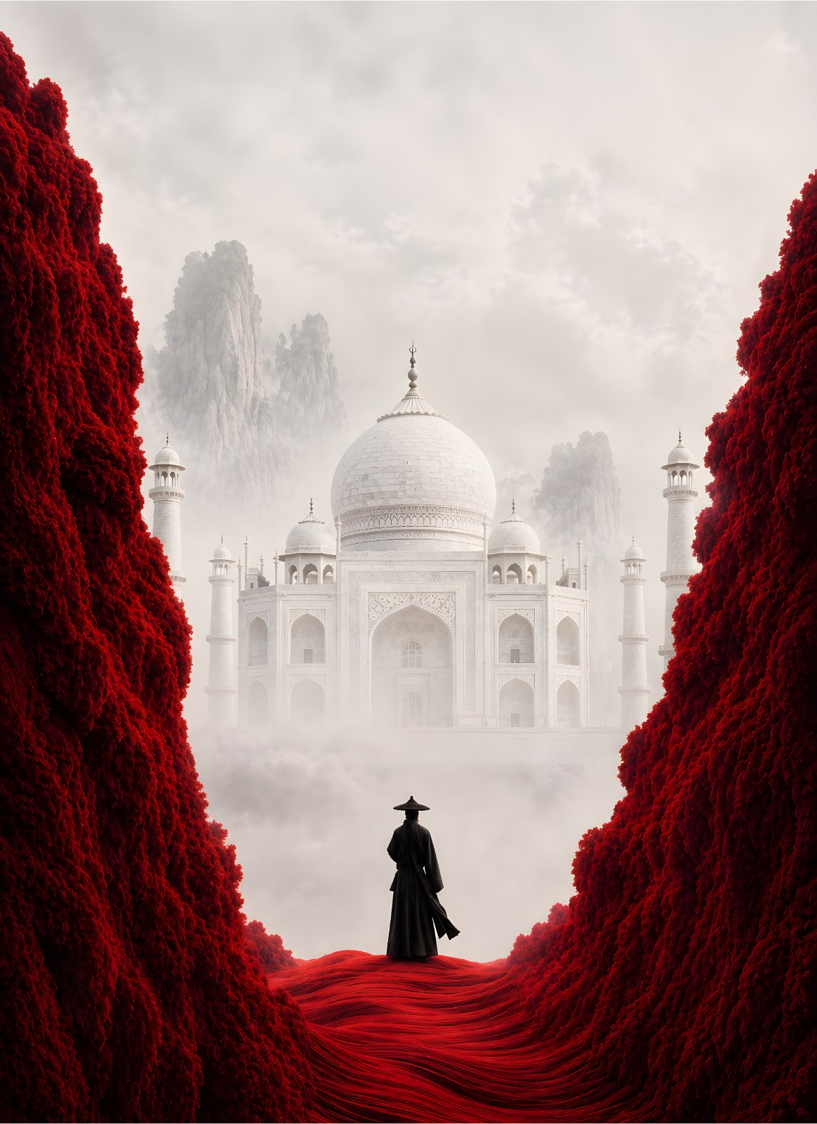 Surreal Taj Mahal Poster - Ethereal White Temple in Fog with Red Foliage and Traditional Figure - Mystical Asian Landscape Decor — Poster
