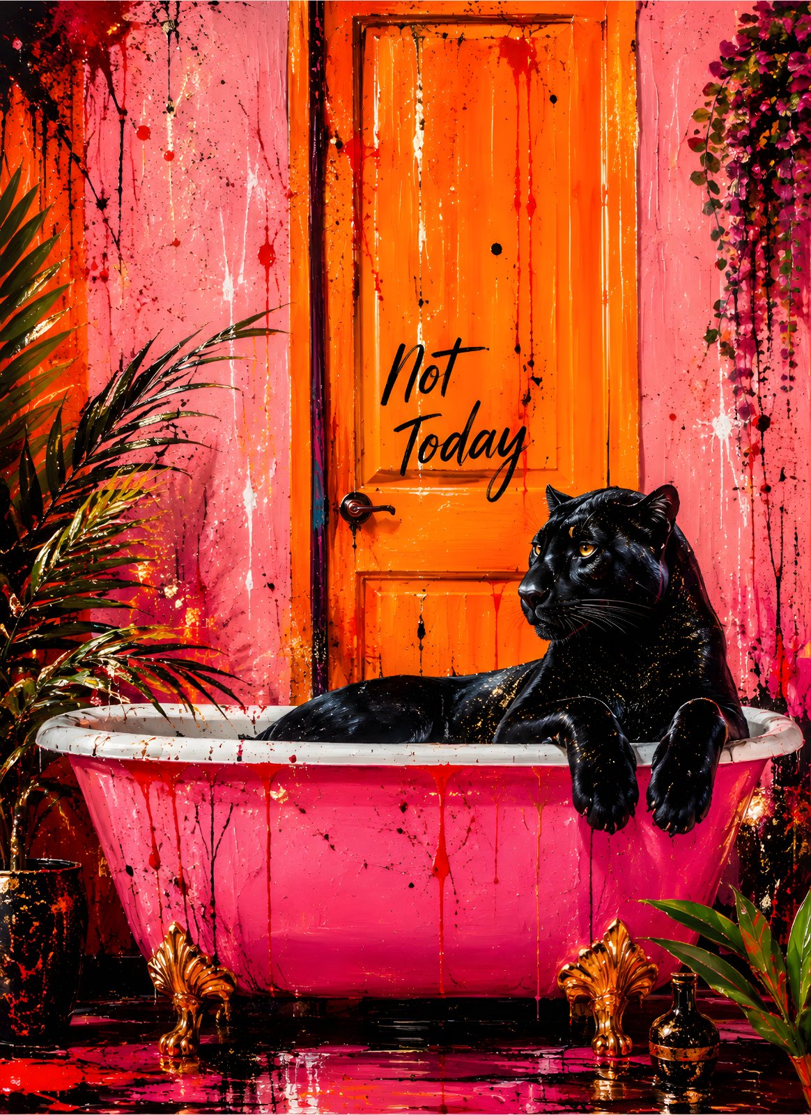 Black Panther in Pink Bathtub Poster | "Not Today" Moody Pop Art Poster — Poster