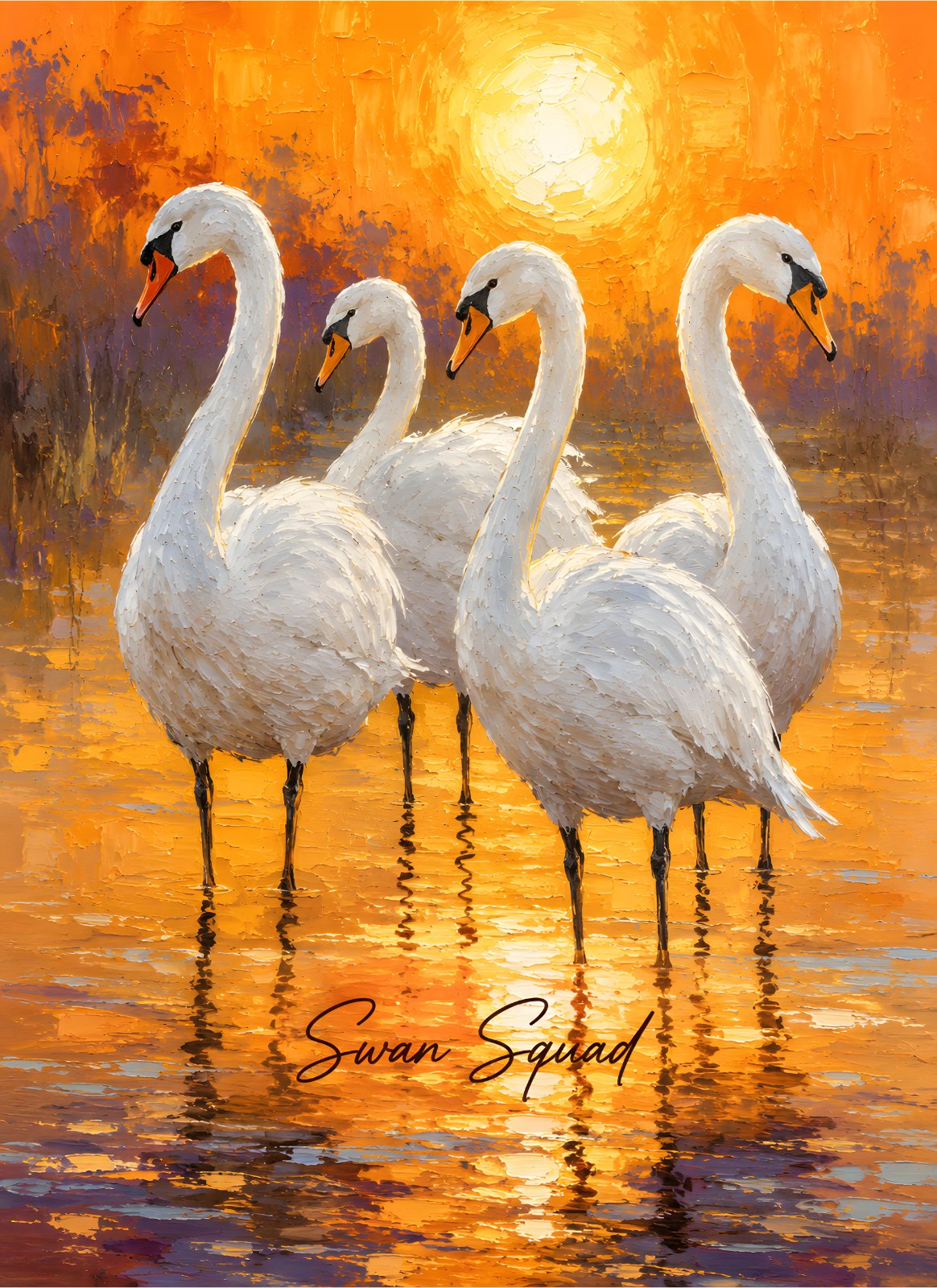 Swan Squad Oil Painting Poster - Vibrant Orange Sunset Wildlife Poster, Textured Impressionist Fine Art for Living Room Decor — Poster
