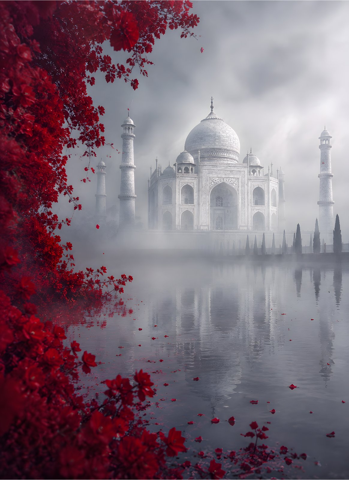 Mystic Taj Mahal Poster - Red Floral Landscape & Water Reflection Photo Print — Poster