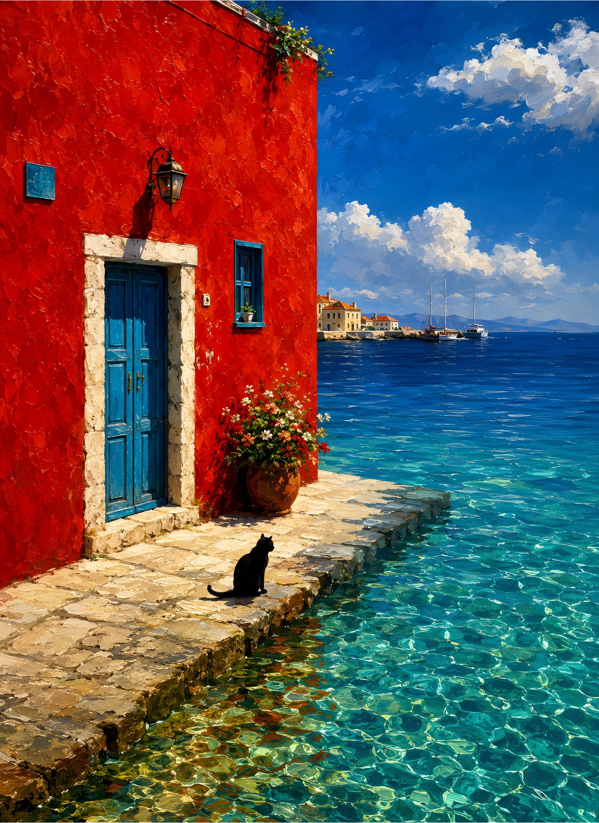 Mediterranean Coastal Poster - Vibrant Red House with Blue Door Poster, Black Cat by Turquoise Sea Painting — Poster