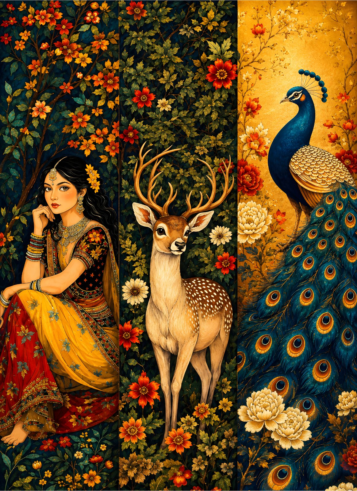 Traditional Indian Triptych Poster Set – Royal Woman, Majestic Peacock, and Spotted Deer Poster – Elegant Mughal Style Floral Home Decor 3-Piece Poster — Poster