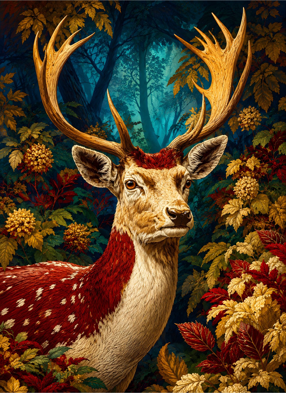 Majestic Stag Poster - Red and Gold Autumn Forest Deer Print - Fantasy Wildlife Poster for Living Room Decor — Poster