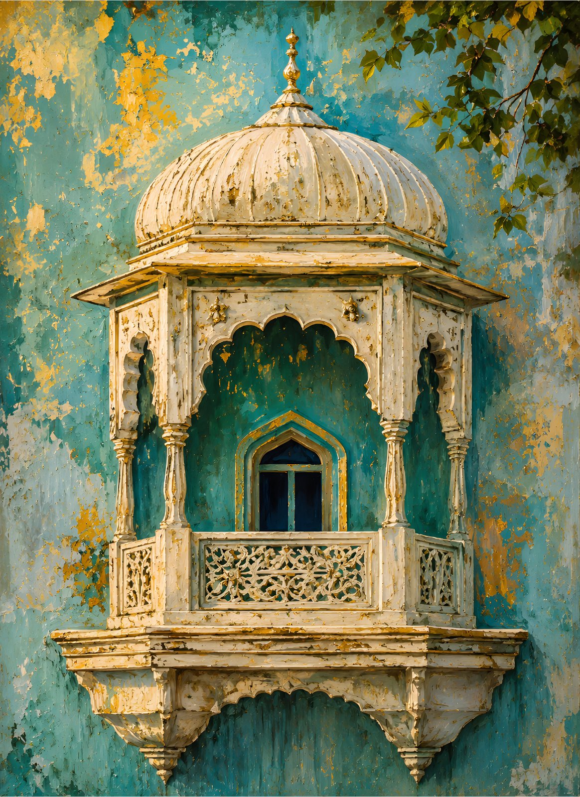 Vintage Indian Jharokha Poster - Traditional Rajasthani Balcony Painting Print - Distressed Teal and Gold Boho Home Decor — Poster