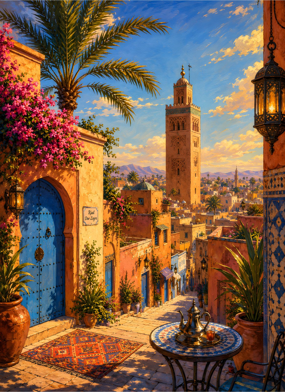 Arabic Cityscape Art Print with Blue Door and Minaret — Poster